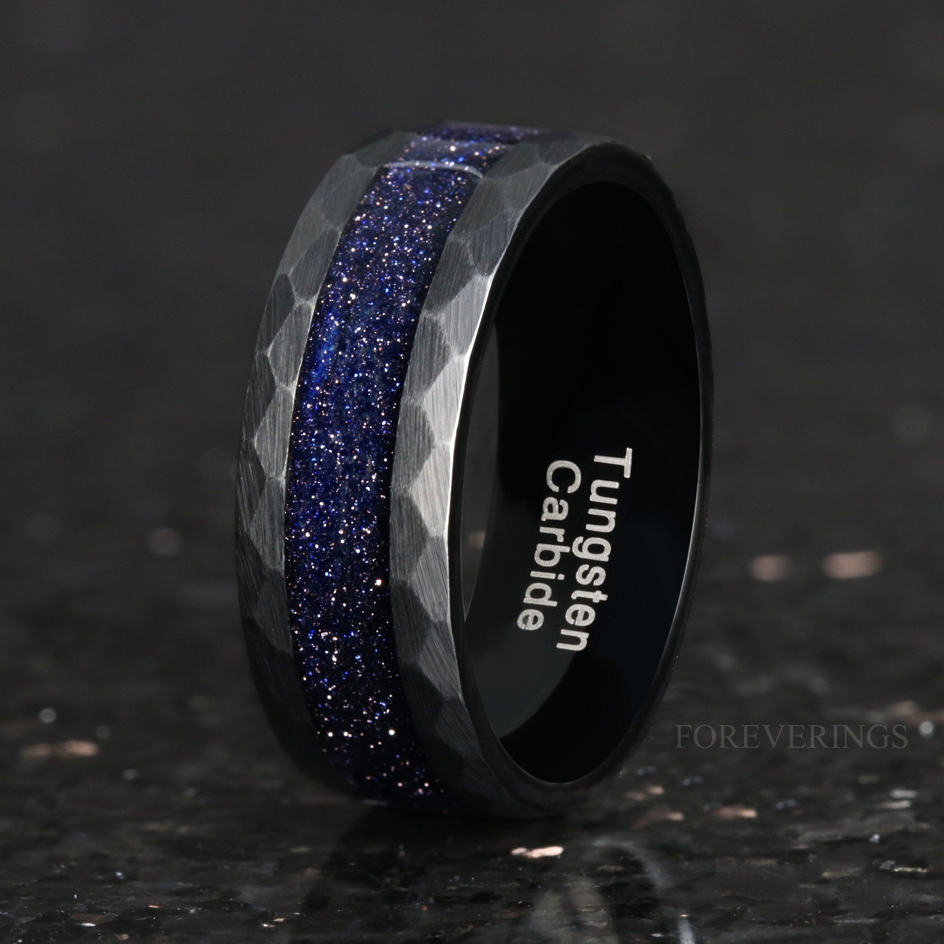 Great Rift Nebula Black Hammer Ring Set, Tungsten Wedding Band, 8mm & 4mm Ring, Space Couples Ring, Brushed, Flat, Blue Sandstone Ring Set