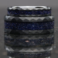 Great Rift Nebula Black Hammer Ring Set, Tungsten Wedding Band, 8mm & 4mm Ring, Space Couples Ring, Brushed, Flat, Blue Sandstone Ring Set