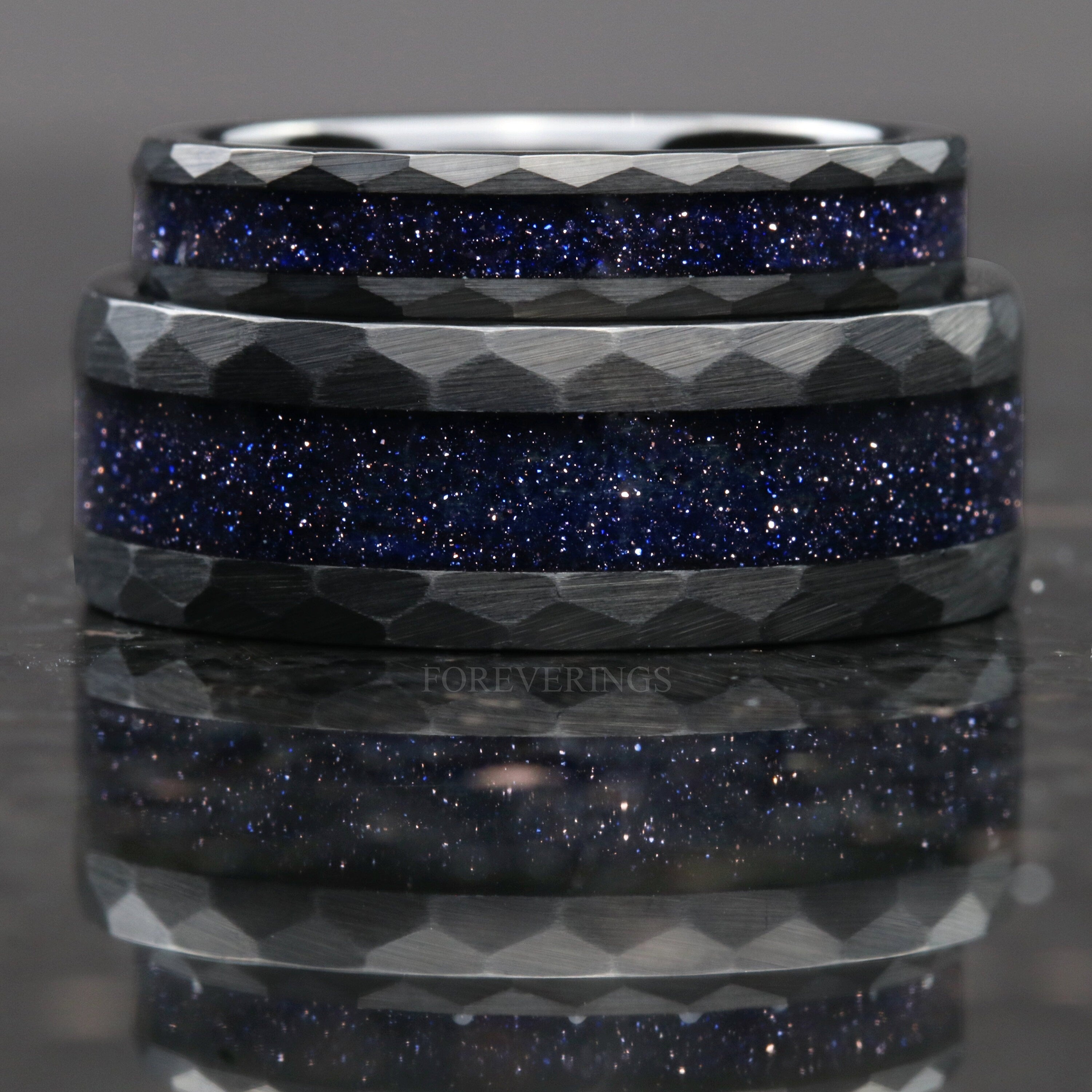 Great Rift Nebula Black Hammer Ring Set, Tungsten Wedding Band, 8mm & 4mm Ring, Space Couples Ring, Brushed, Flat, Blue Sandstone Ring Set