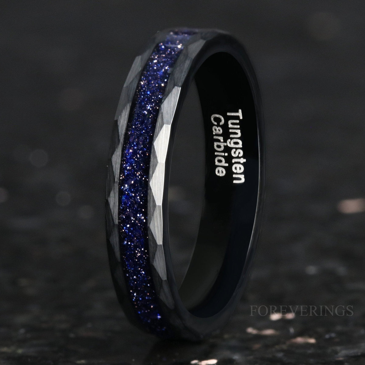 Great Rift Nebula Ring, Black Tungsten Wedding Band, Outer Space Ring, 4mm Ring, Hammer, Flat, Brush, Comfort Fit, Blue Sandstone Ring