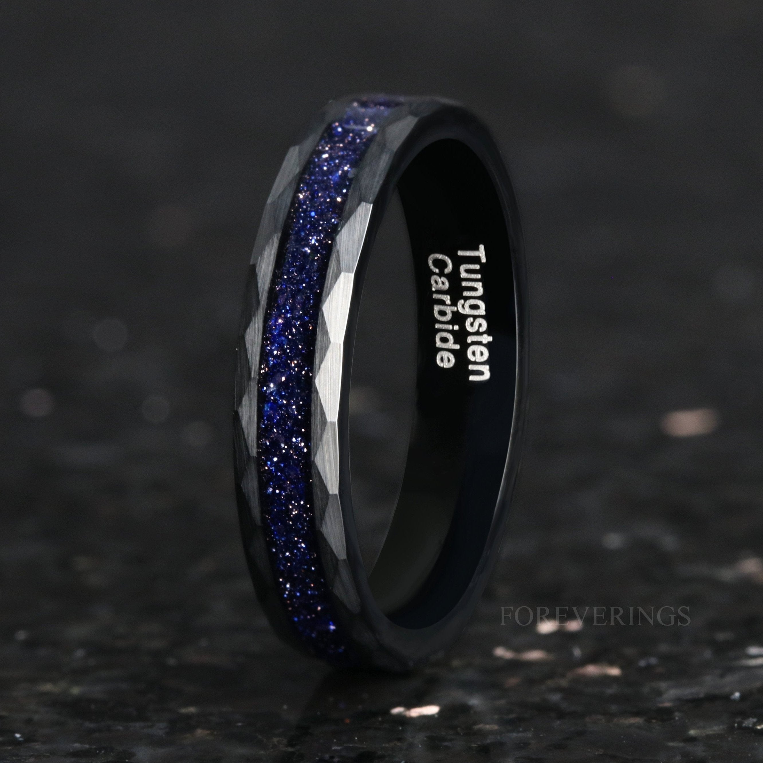 Great Rift Nebula Ring, Black Tungsten Wedding Band, Outer Space Ring, 4mm Ring, Hammer, Flat, Brush, Comfort Fit, Blue Sandstone Ring