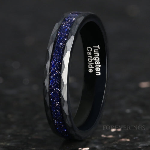 Great Rift Nebula Ring, Black Tungsten Wedding Band, Outer Space Ring, 4mm Ring, Hammer, Flat, Brush, Comfort Fit, Blue Sandstone Ring