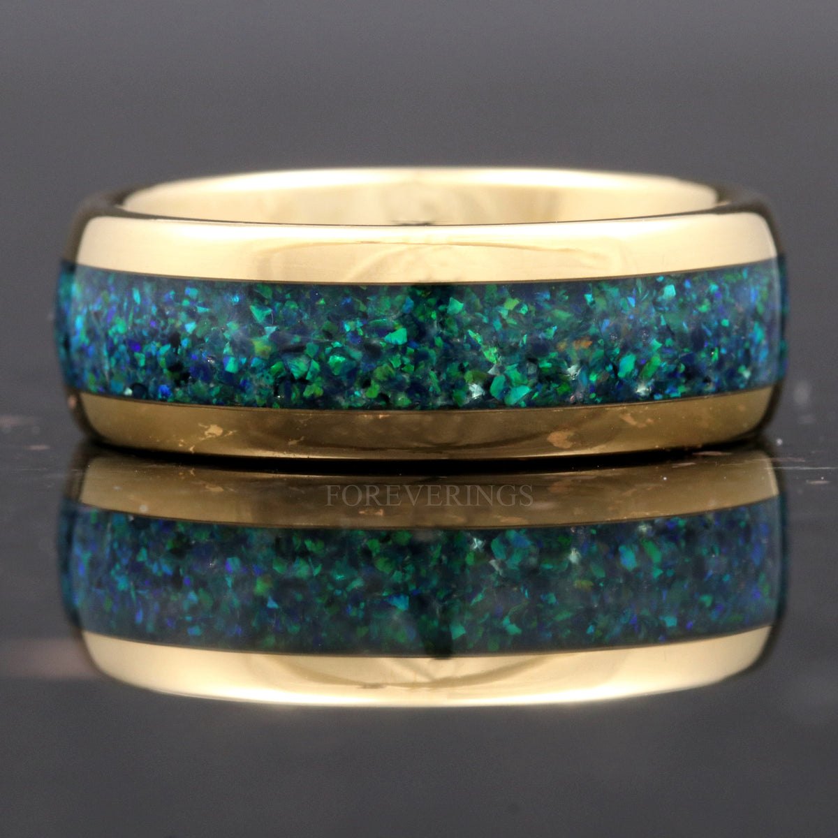 Mens Opal Wedding Band, Green Fire Opal | 8mm Gold Tungsten Ring