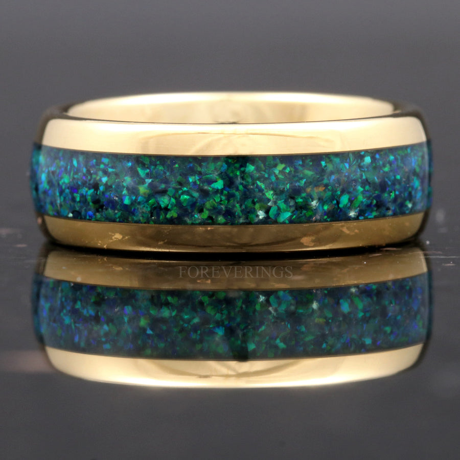 Mens Opal Wedding Band, Green Fire Opal | 8mm Gold Tungsten Ring