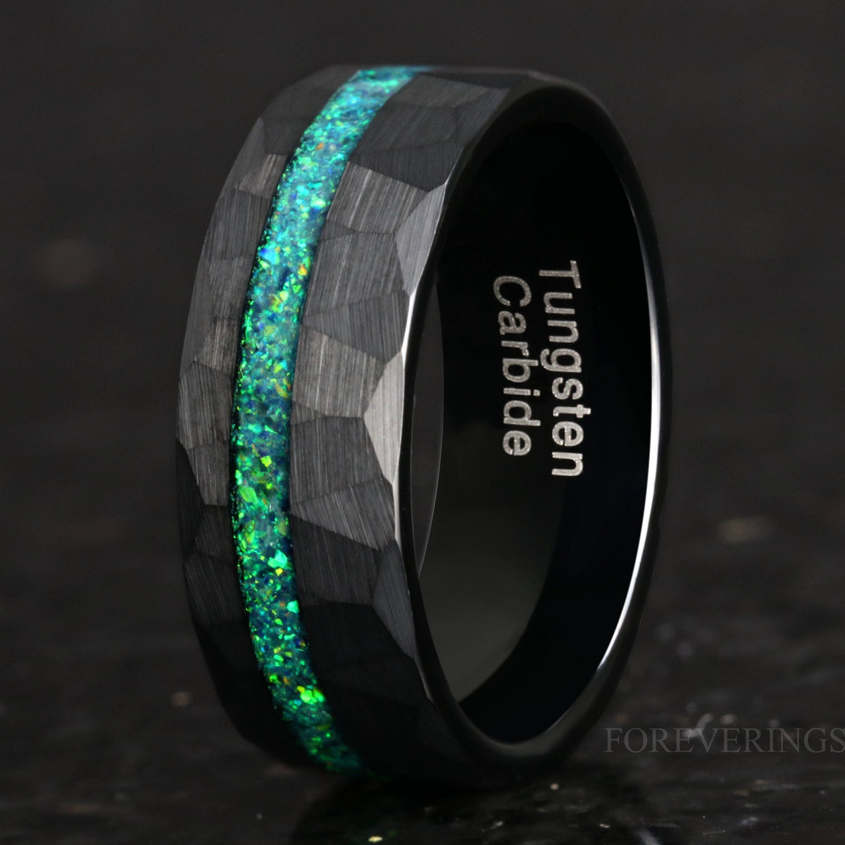 Emerald Green Opal Ring | Hammered Black Tungsten Band | 6mm 8mm