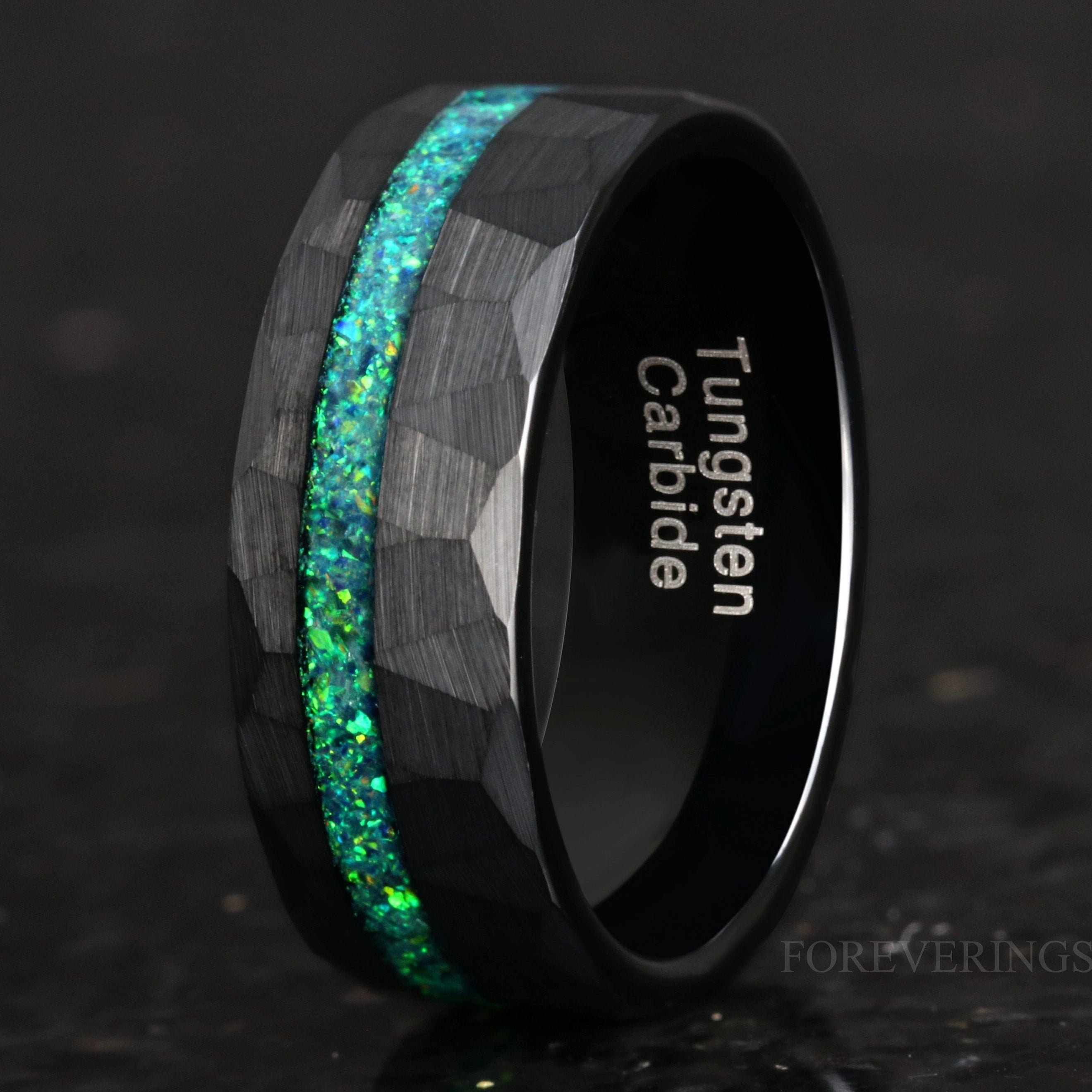 Man Emerald Opal Ring, Hammer Wedding Band, 8mm 6mm Green Ring, Fire Opal, Black Tungsten Ring, Anniversary Gift, Brush, Flat, Ring, Engrave
