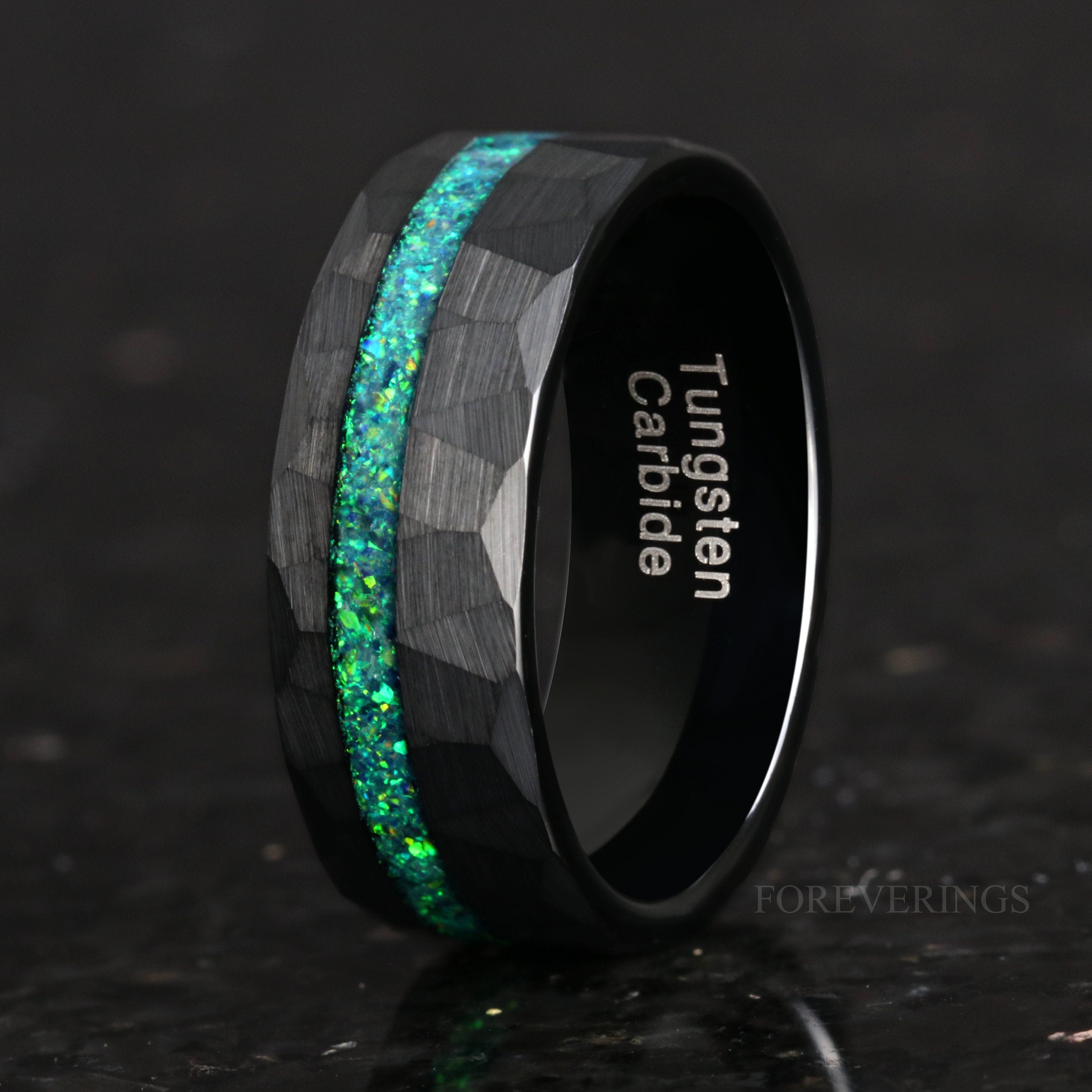 Emerald Coast Ring Set, His and Hers Tungsten Wedding Band, 8mm & 4mm Black Ring, Black Emerald Opal, Couples Ring, Hammered, Comfort Fit