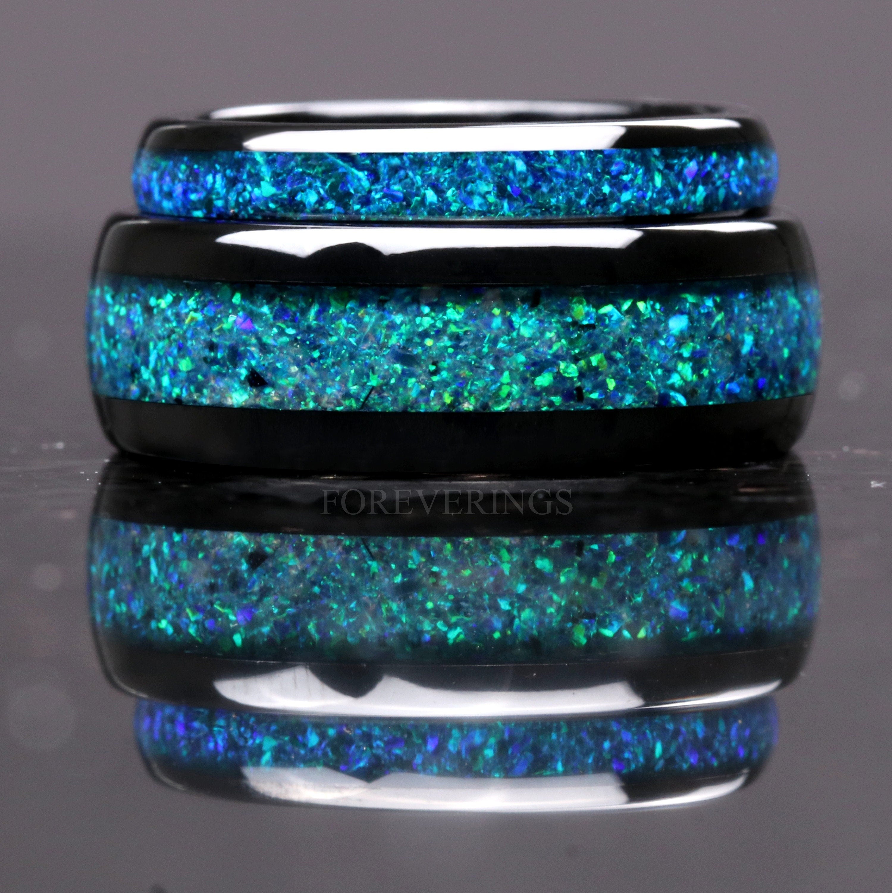 Emerald Coast Ring Set, His and Hers Tungsten Wedding Band, 8mm & 4mm Black Ring Set, Black Emerald Opal, Couples Ring, Dome, Comfort Fit