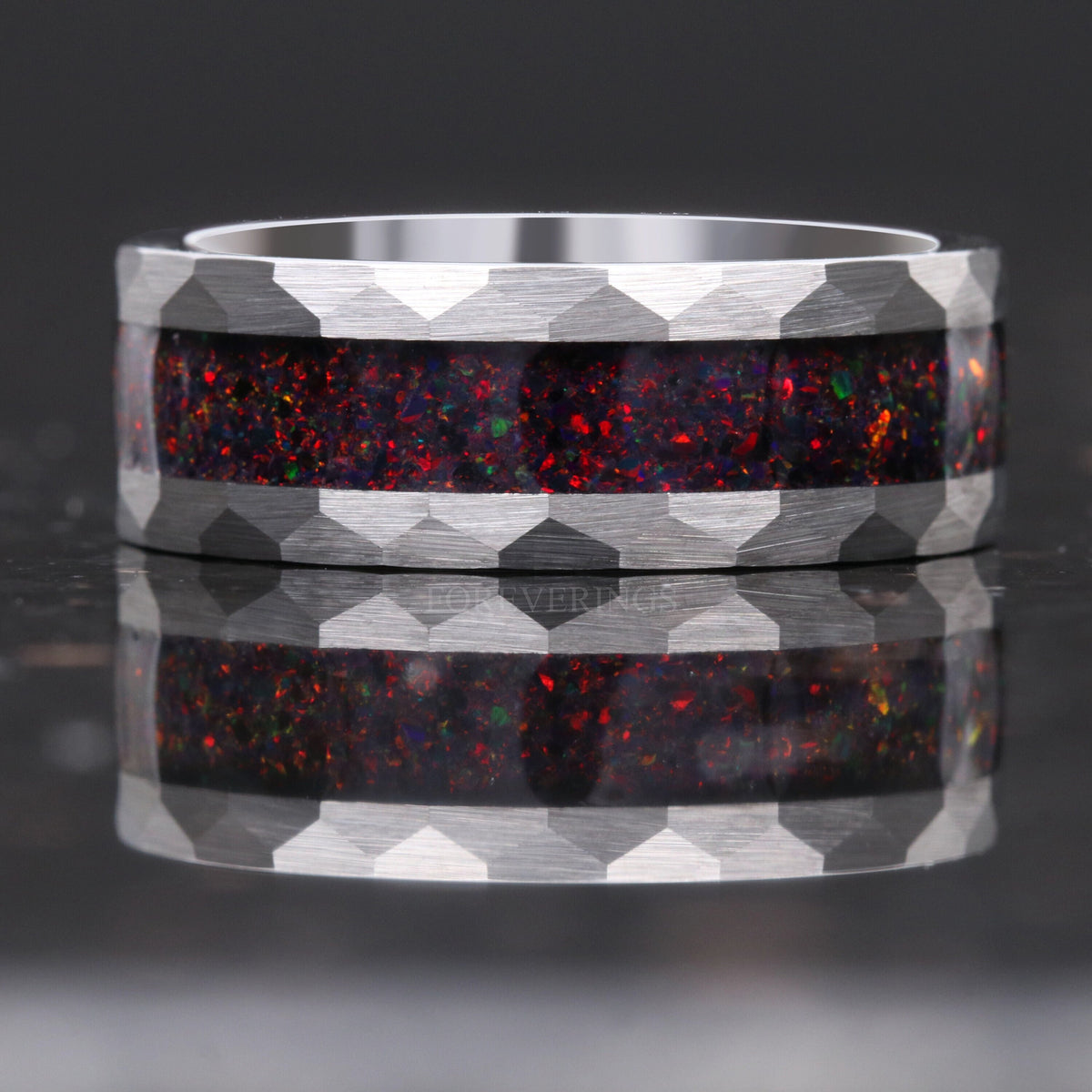 Black Fire Opal Hammered Tungsten Wedding Band | Men's 8mm Ring