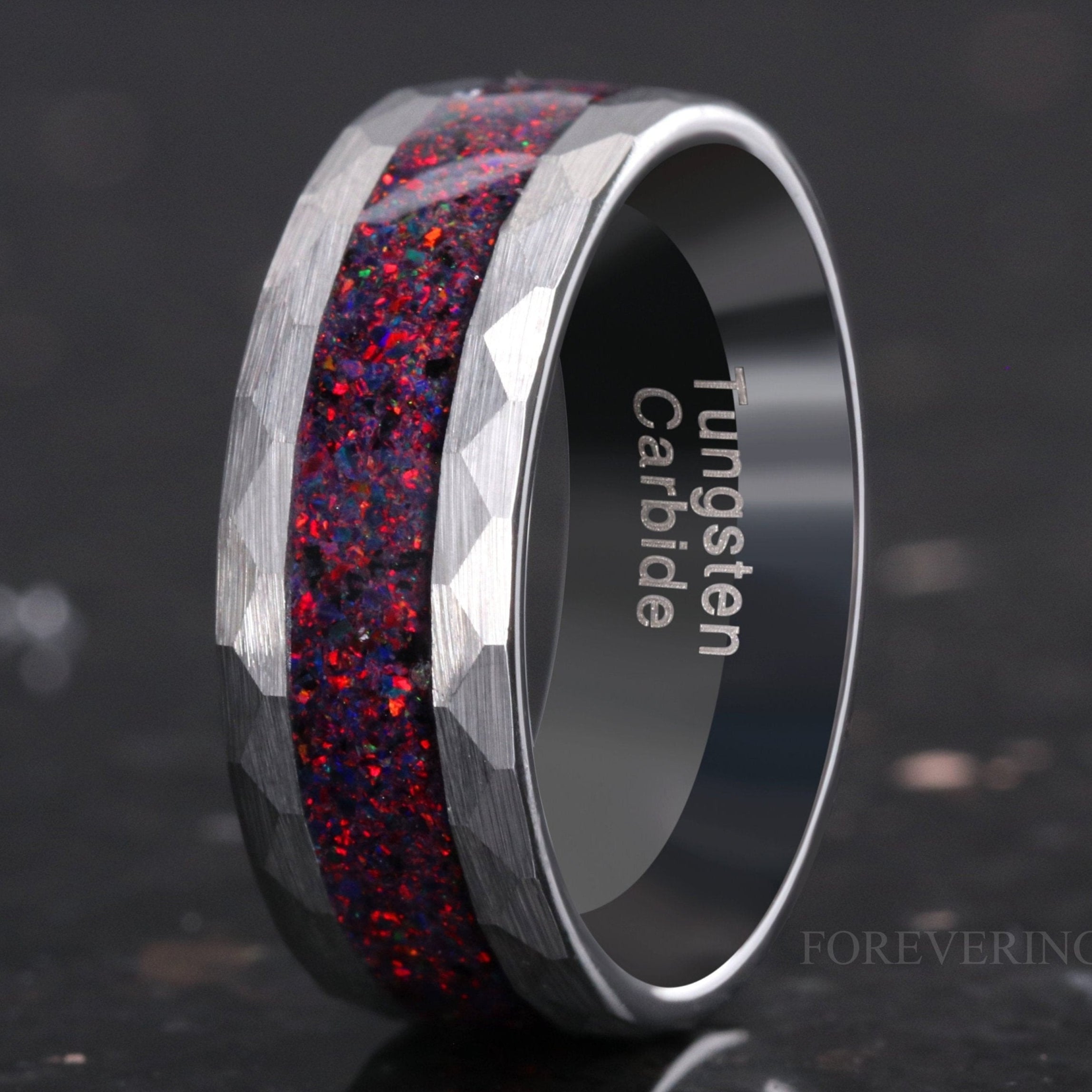 Men Tungsten Wedding Band, Crushed Black Fire Opal, 8mm Silver Tungsten Ring, No Plating, Hammered, Flat, Brushed, Comfort Fit, Gift for Him