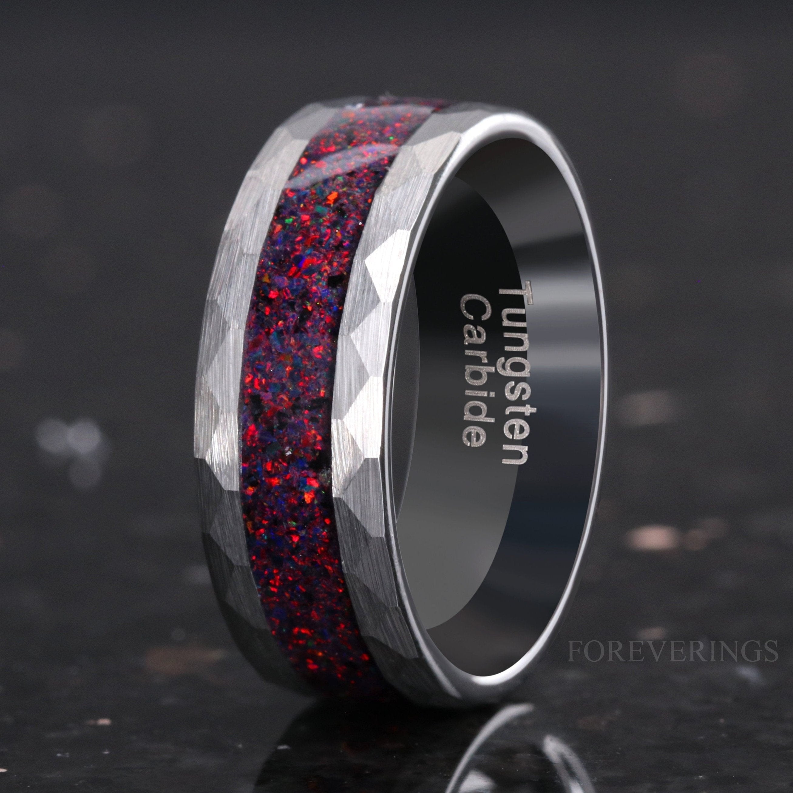 Men Tungsten Wedding Band, Crushed Black Fire Opal, 8mm Silver Tungsten Ring, No Plating, Hammered, Flat, Brushed, Comfort Fit, Gift for Him