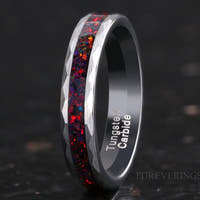 Crushed Black Fire Opal Silver Tungsten Ring | 4mm Hammered Wedding Band