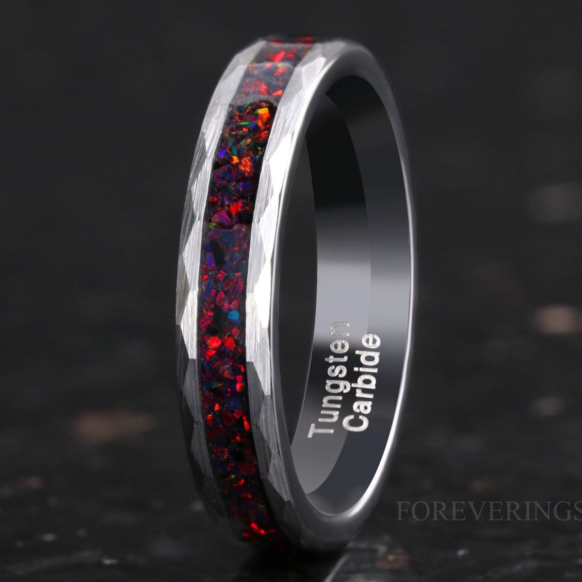 Crushed Black Fire Opal Silver Tungsten Ring | 4mm Hammered Wedding Band