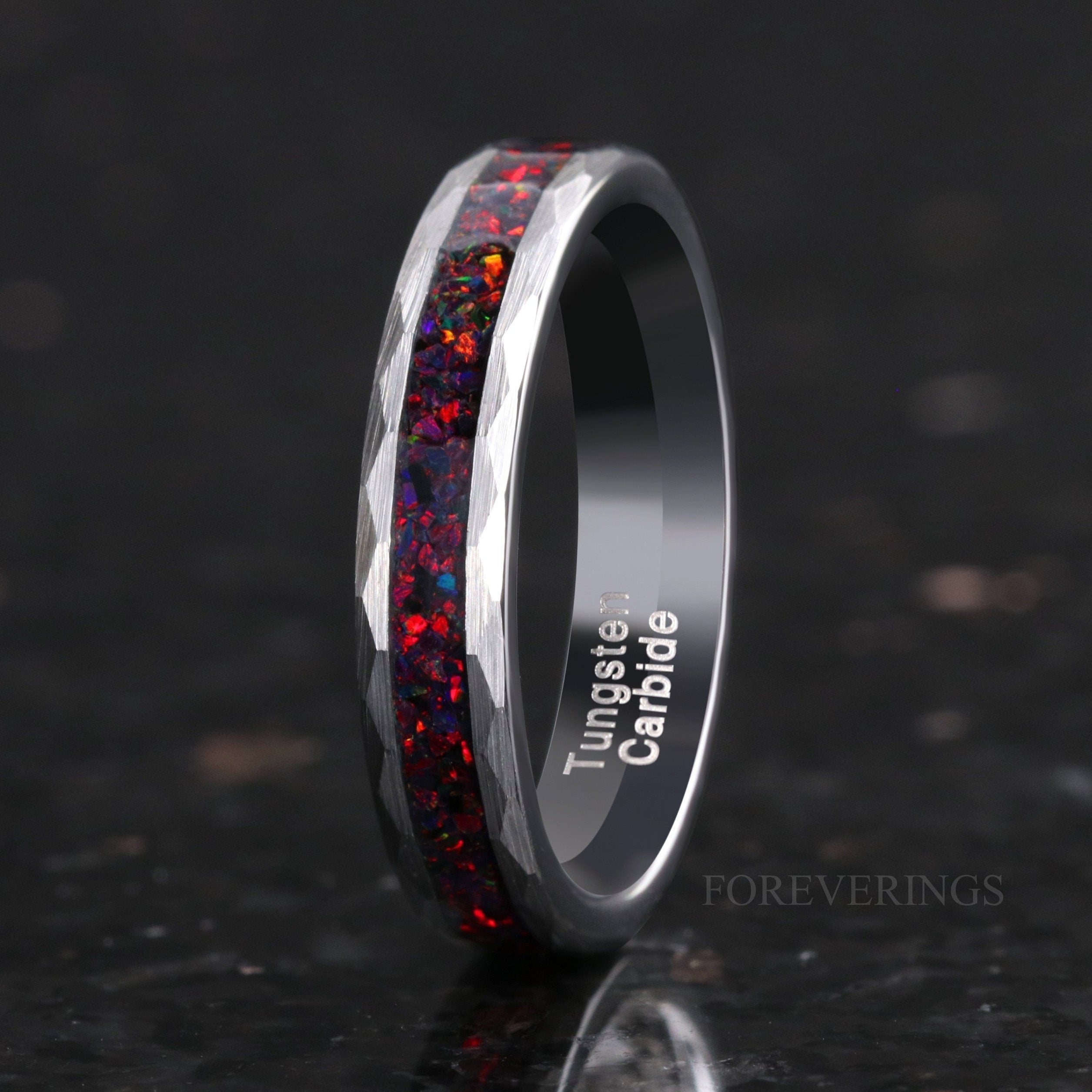 Tungsten Wedding Band, Crushed Black Fire Opal Band, 4mm Silver Tungsten Ring, No Plating, Hammered, Flat, Brushed, Comfort Fit