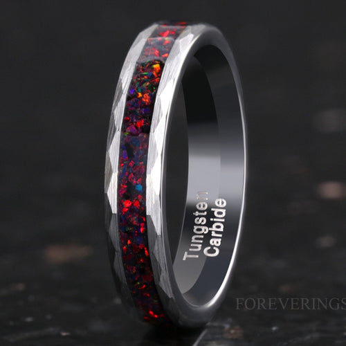 Crushed Black Fire Opal Silver Tungsten Ring | 4mm Hammered Wedding Band
