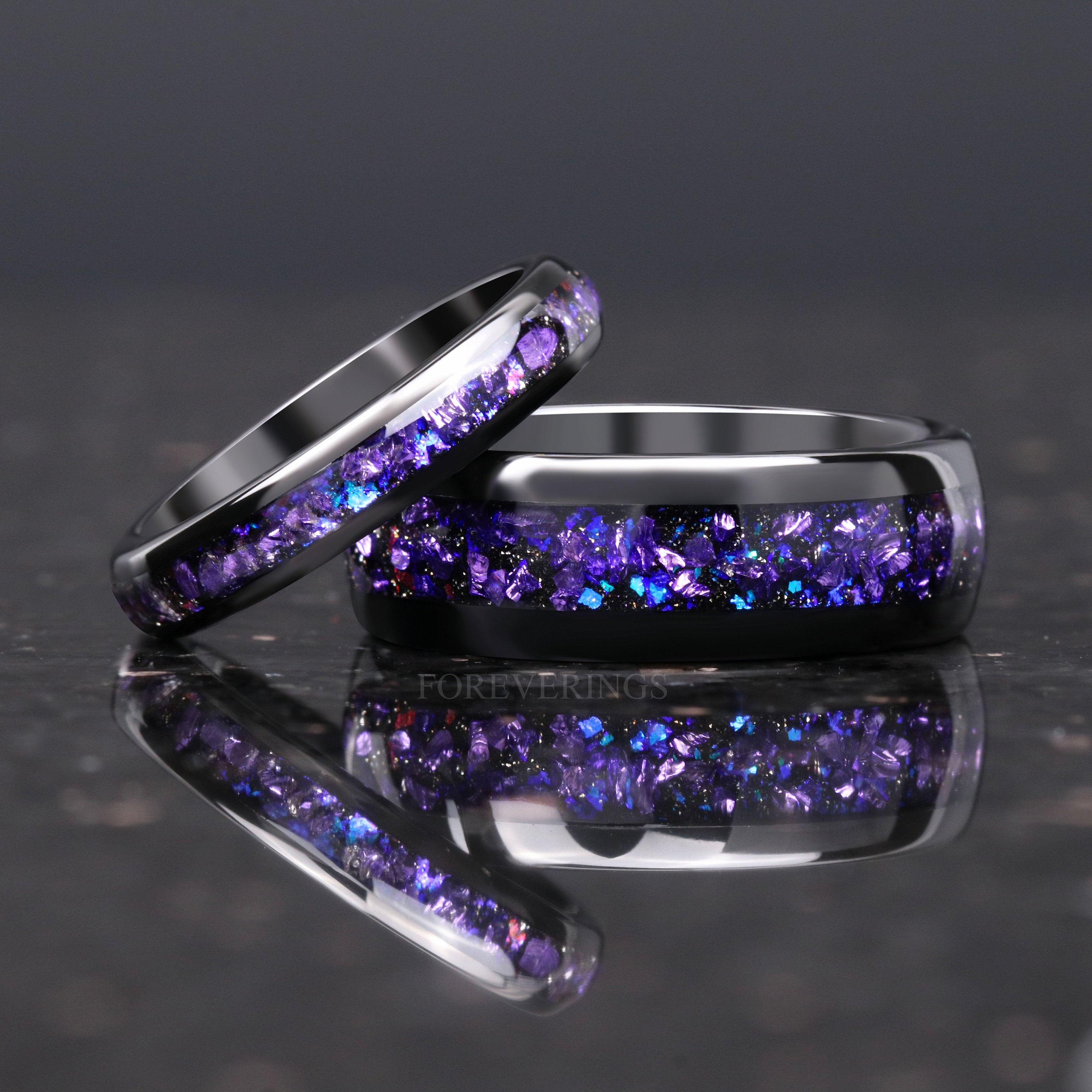 Crab Nebula Ring, 4mm Tungsten Wedding Band, Alexandrite Outer Space Ring, Women Men Ring, Black Ring, Dome, Polish, Comfort Fit