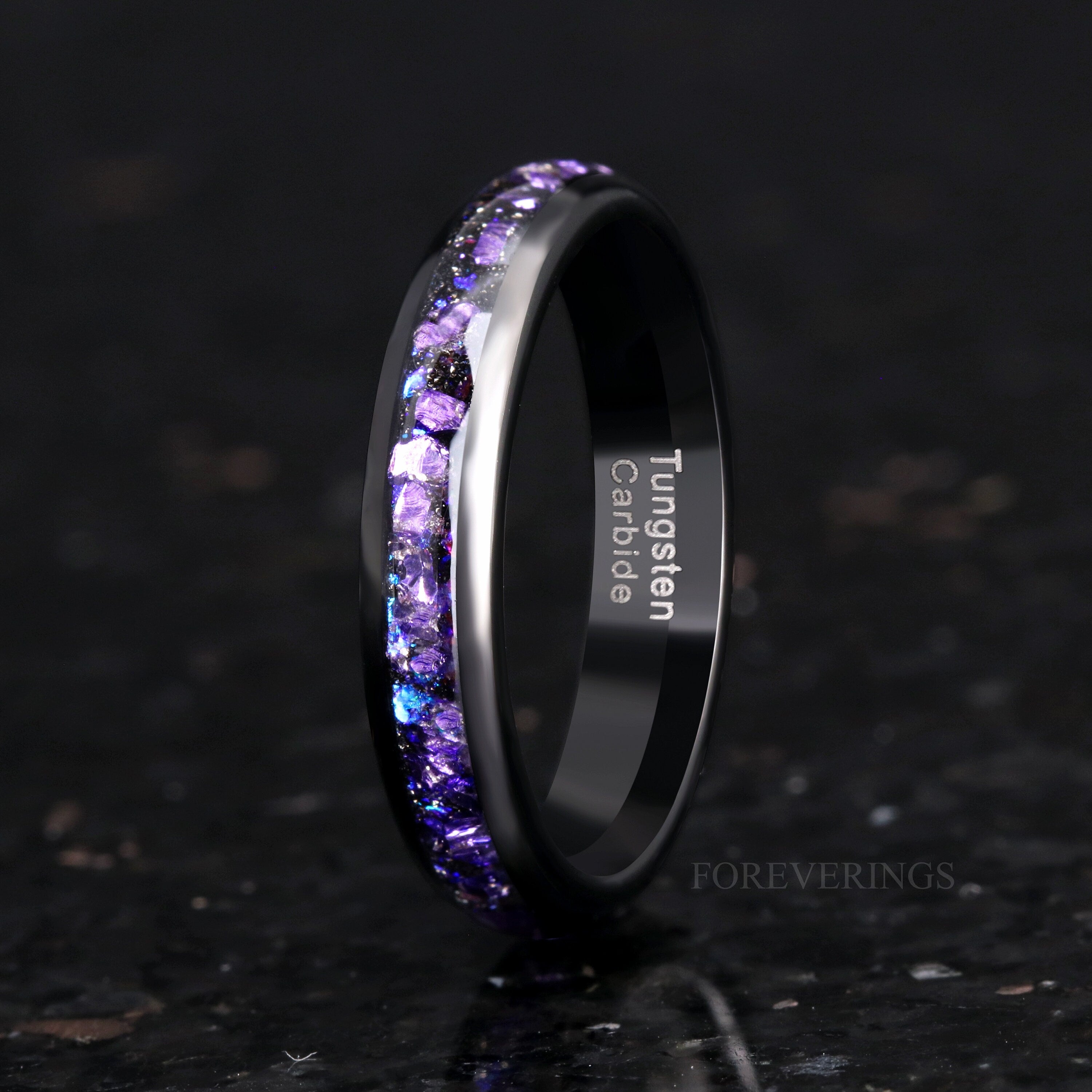 Crab Nebula Ring Set, His and Her Tungsten Wedding Band, 8mm & 4mm Black Ring Set, Alexandrite Outer Space Ring, Polish, Dome, Comfort Fit