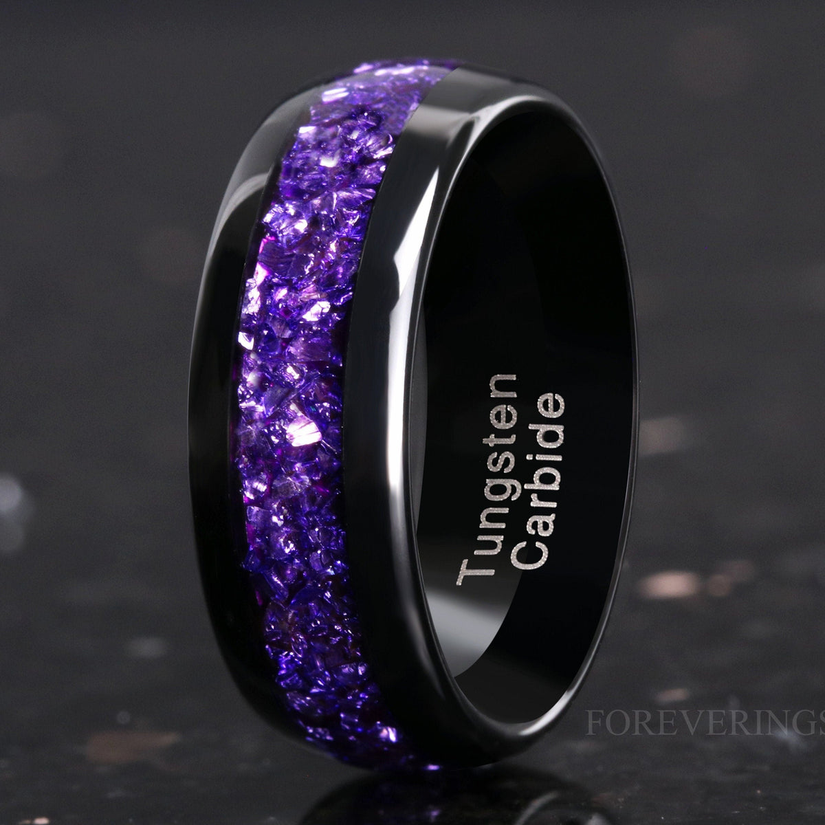 Amethyst Wedding Band, Men’s Purple Tungsten Ring, Black Dome Polish Comfort Fit, Unique Promise Ring, Birthday or Anniversary Gift for Him