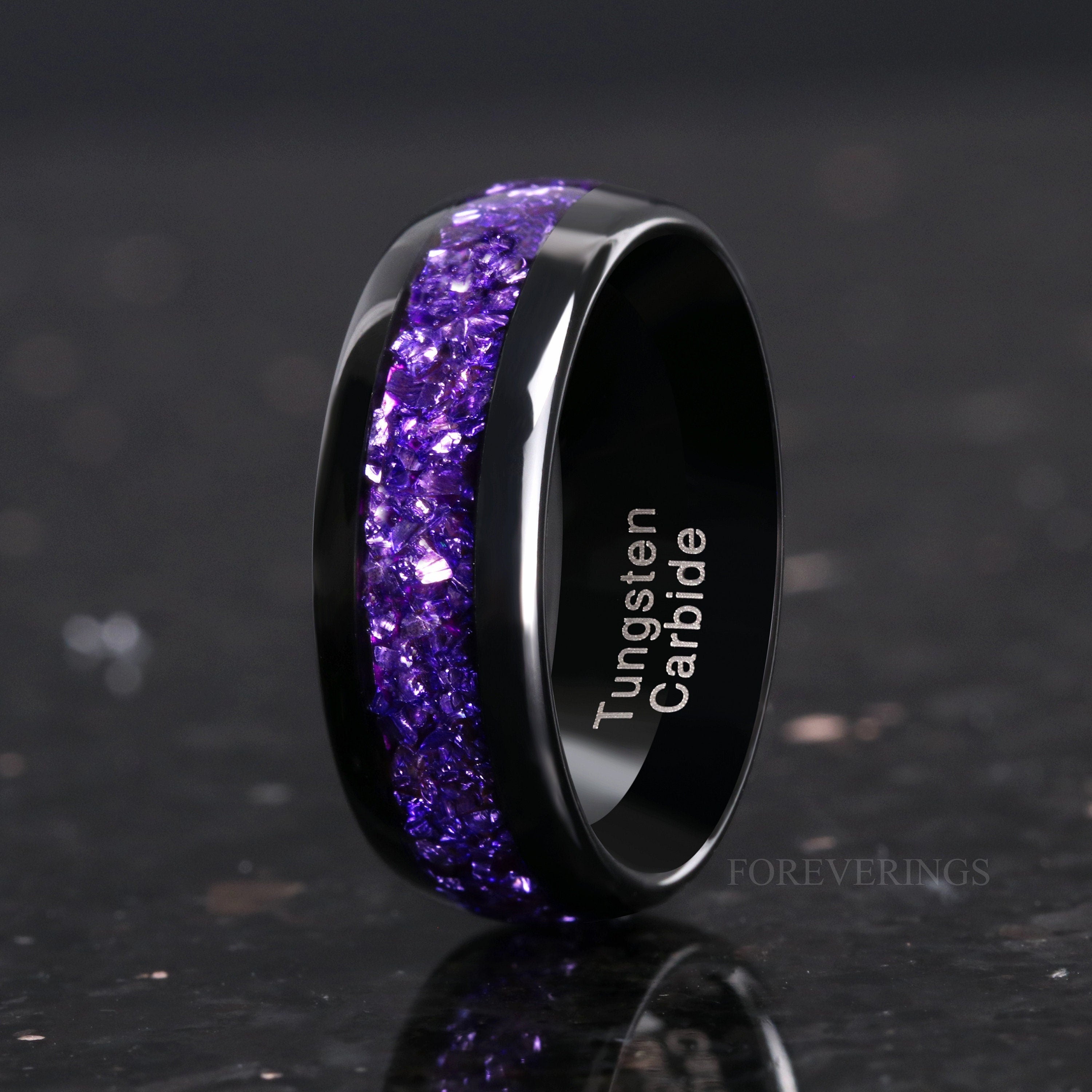 8mm Alexandrite Wedding Band, Color Changing Ring, Black Tungsten Ring, Dome, Polish, Comfort Fit, Birthday Anniversary Gift for Him