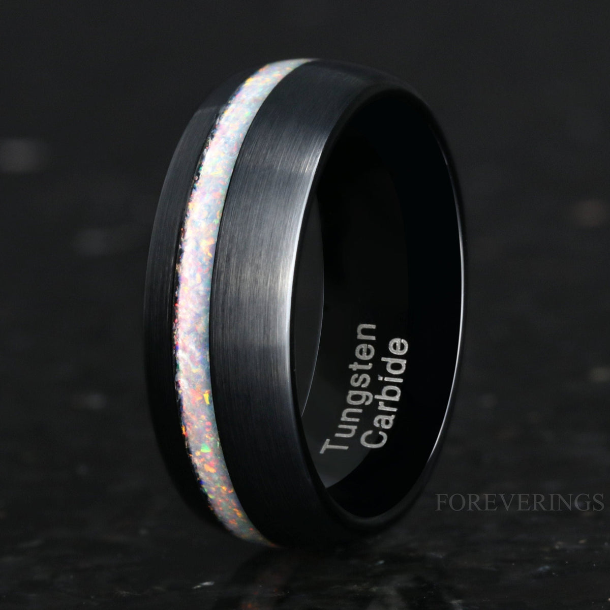 Mens Opal Wedding Band | White Fire Opal Black Tungsten