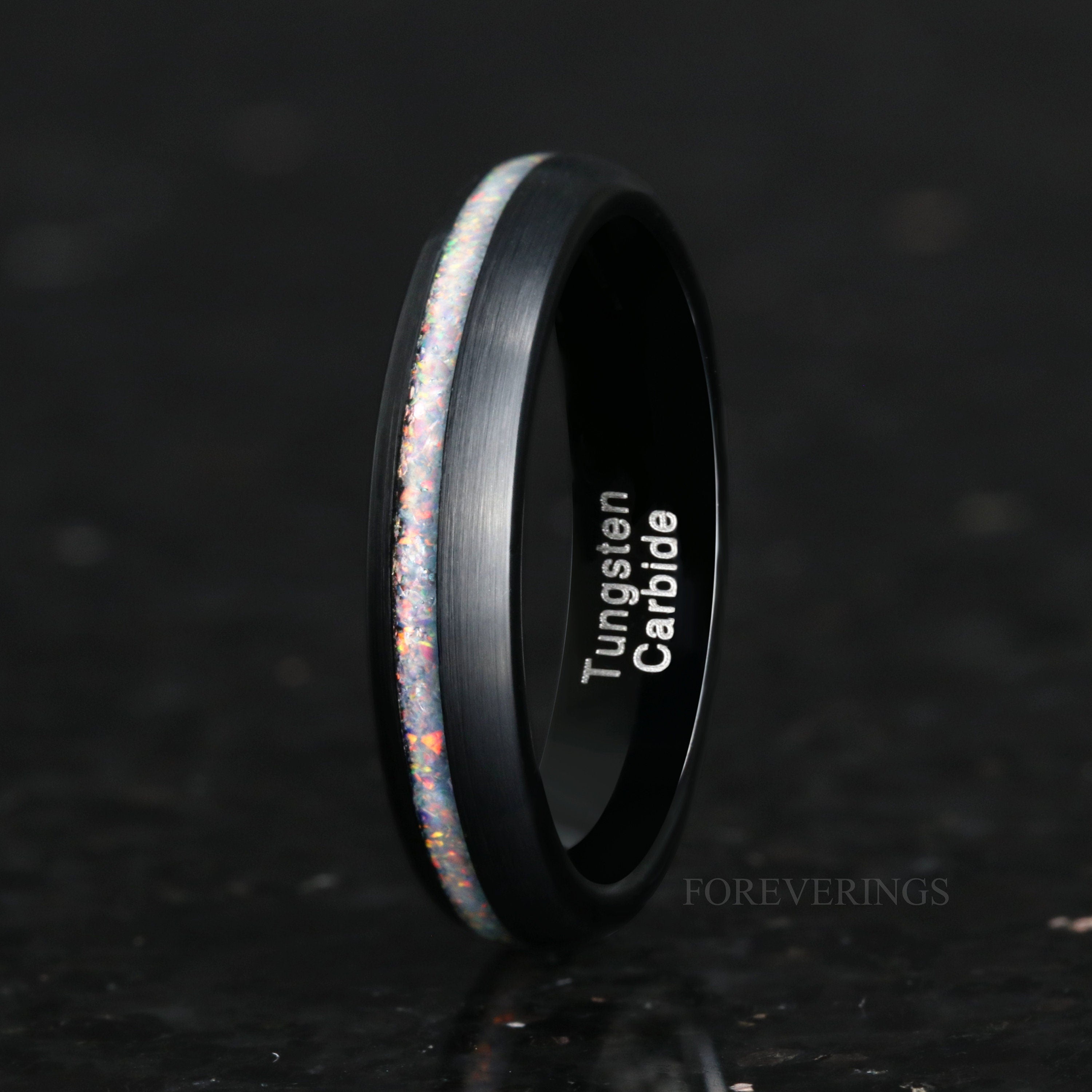 Crushed White Fire Opal Band, Black Tungsten Wedding Band, 4mm Band, Matte-Brush, Dome, Comfort Fit, Unique Ring, Anniversary Birthday Gift