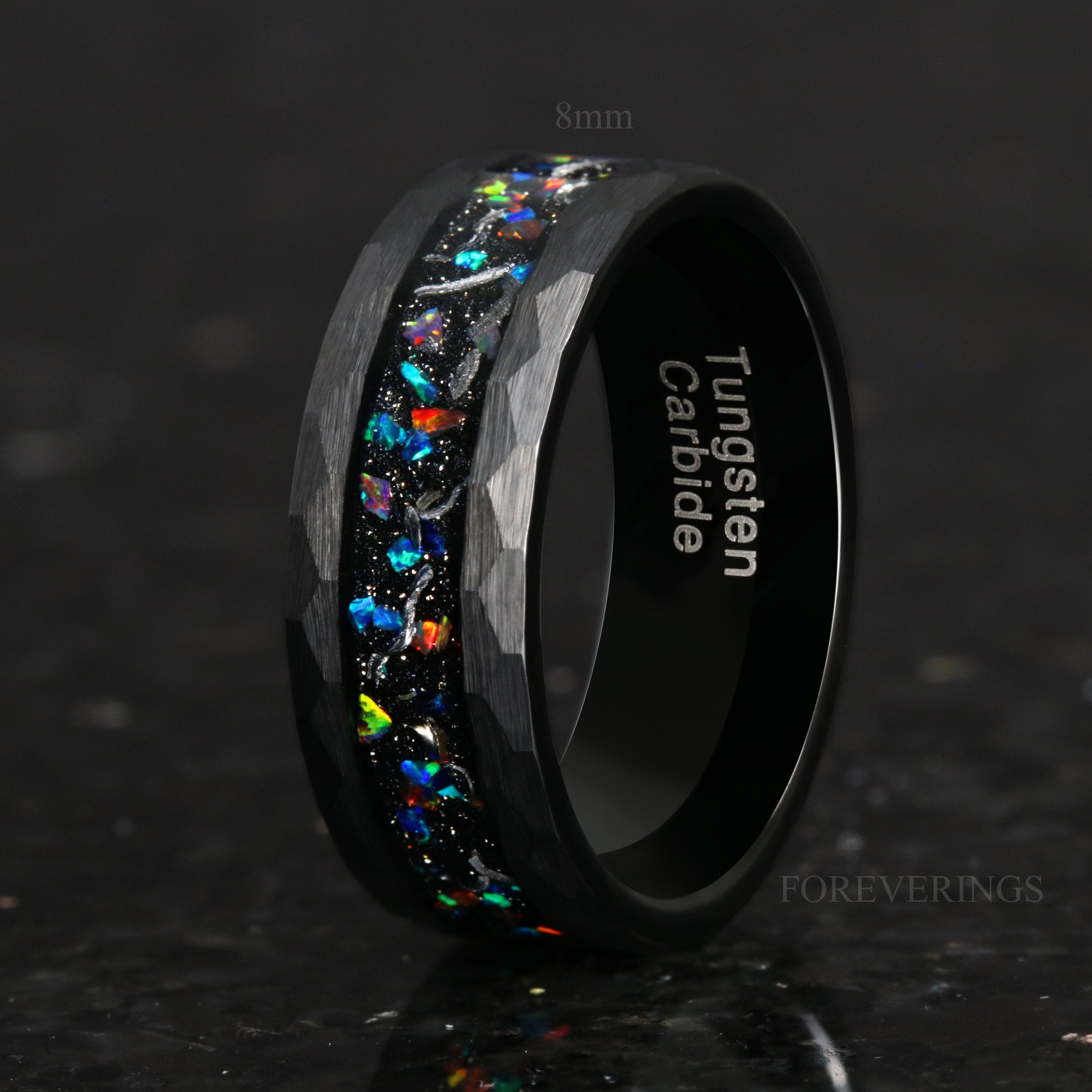 Meteorite Galaxy Opal Wedding Band, Black Tungsten Ring, 8mm-6mm-4mm, Hammered, Flat, Matte Brushed, Authentic Meteorite Ring, Unique Ring