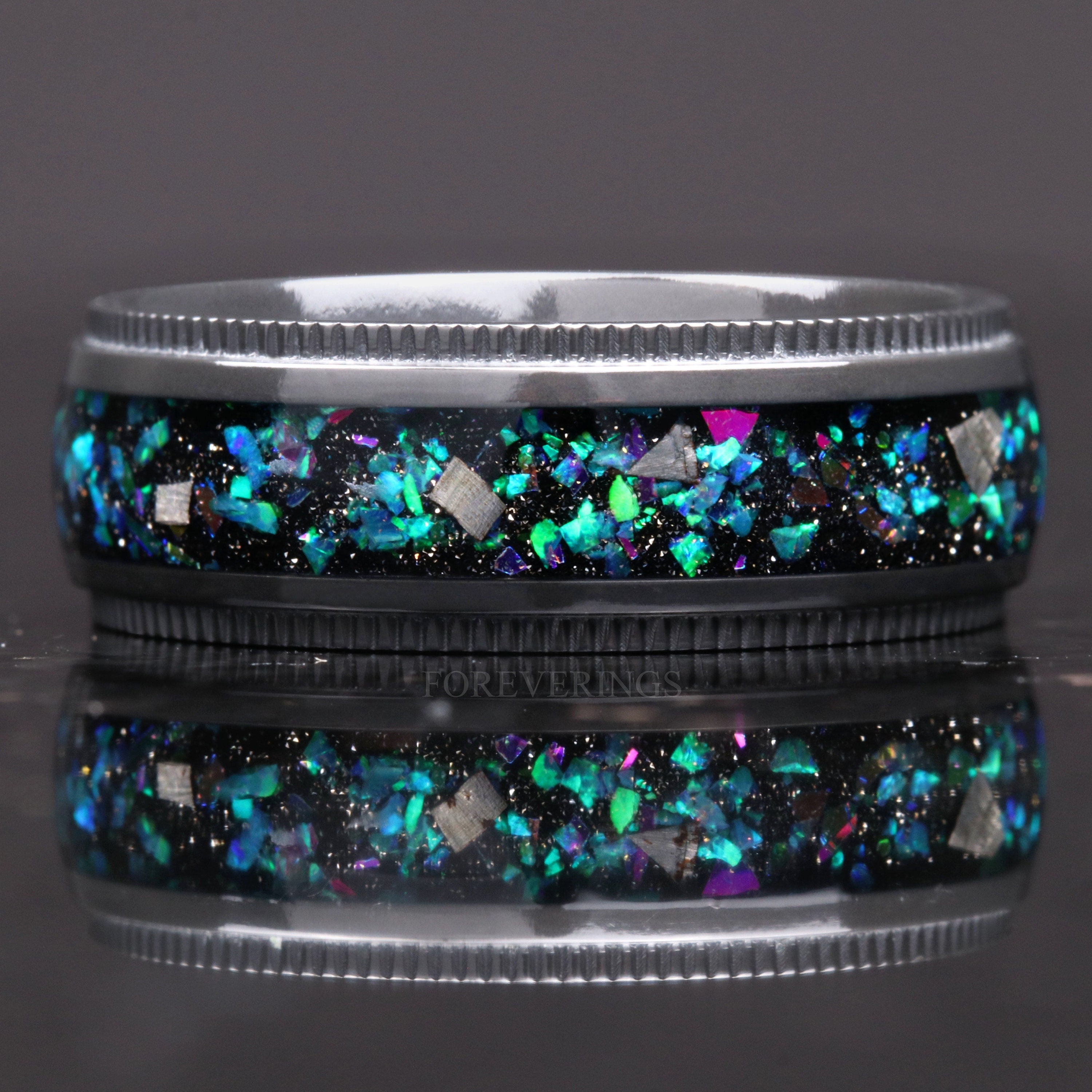 Zirconium, Meteorite and Galaxy Opal Wedding Band, 8mm Black Ring, Milgrain, Dome, Polished, Comfort Fit, Gift for Him, Unique Ring