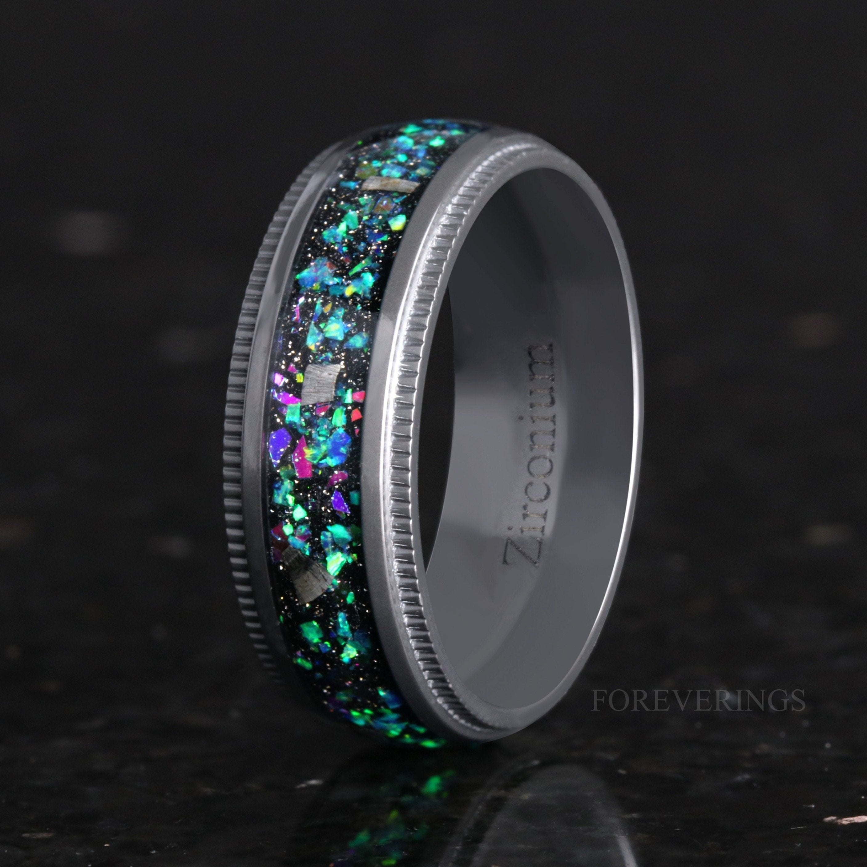 Zirconium, Meteorite and Galaxy Opal Wedding Band, 8mm Black Ring, Milgrain, Dome, Polished, Comfort Fit, Gift for Him, Unique Ring