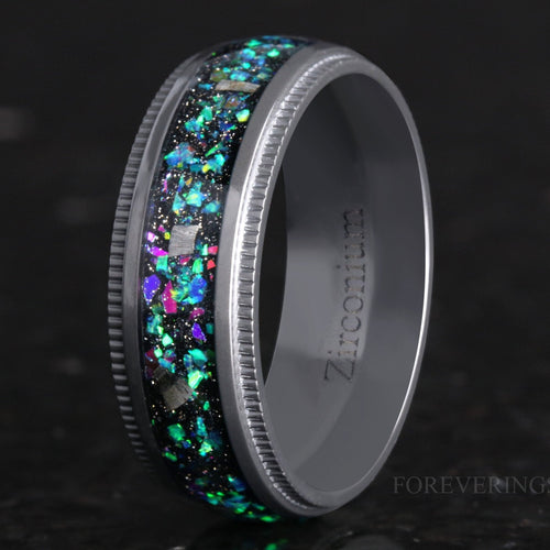 Zirconium Galaxy Opal & Meteorite Ring | Black Milgrain Dome Wedding Band