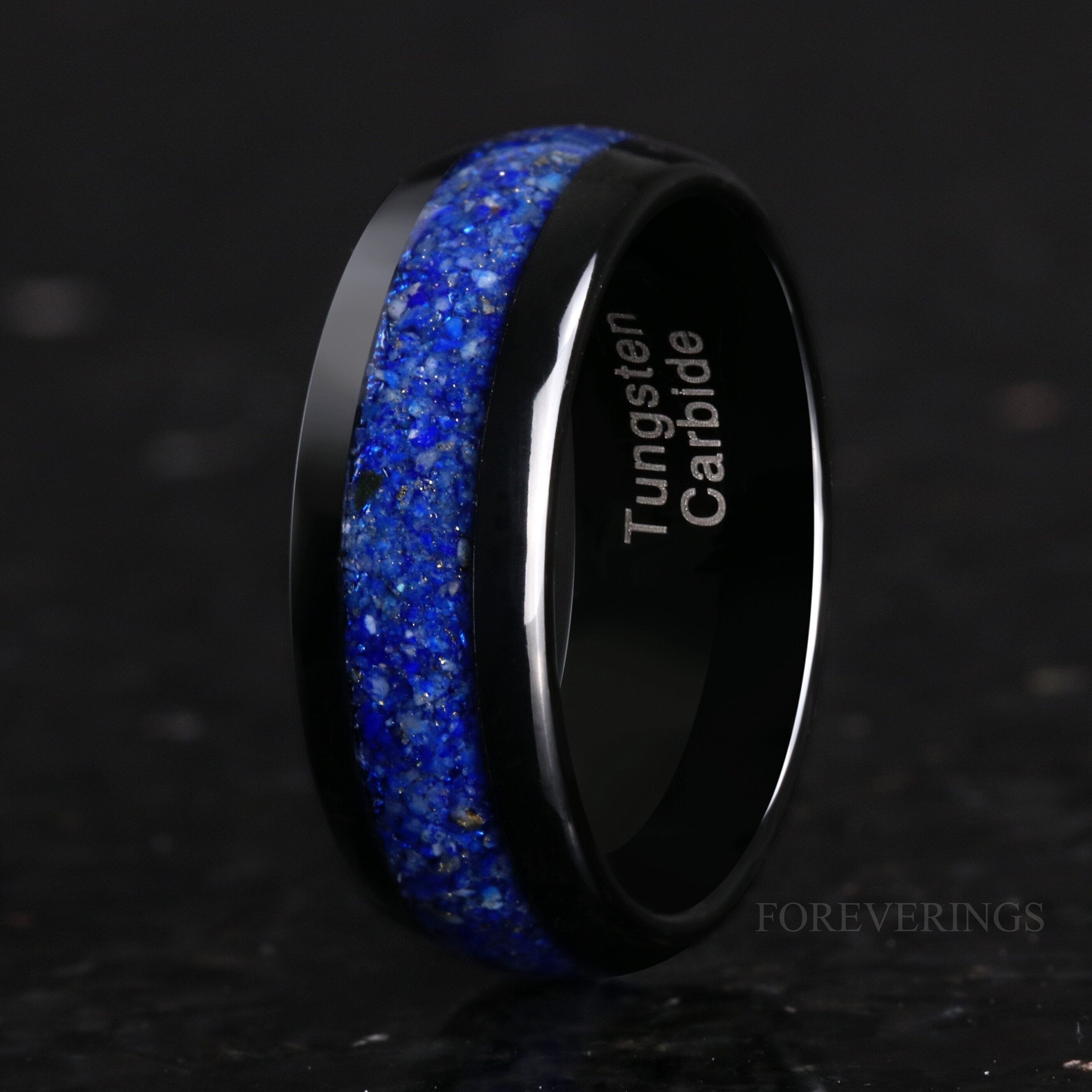 Celestial Blue Lapis Lazuli Ring, 8mm Black Tungsten Ring, Men Wedding Band, Polished, Dome, Comfort Fit, Unique Ring, Gift for Him