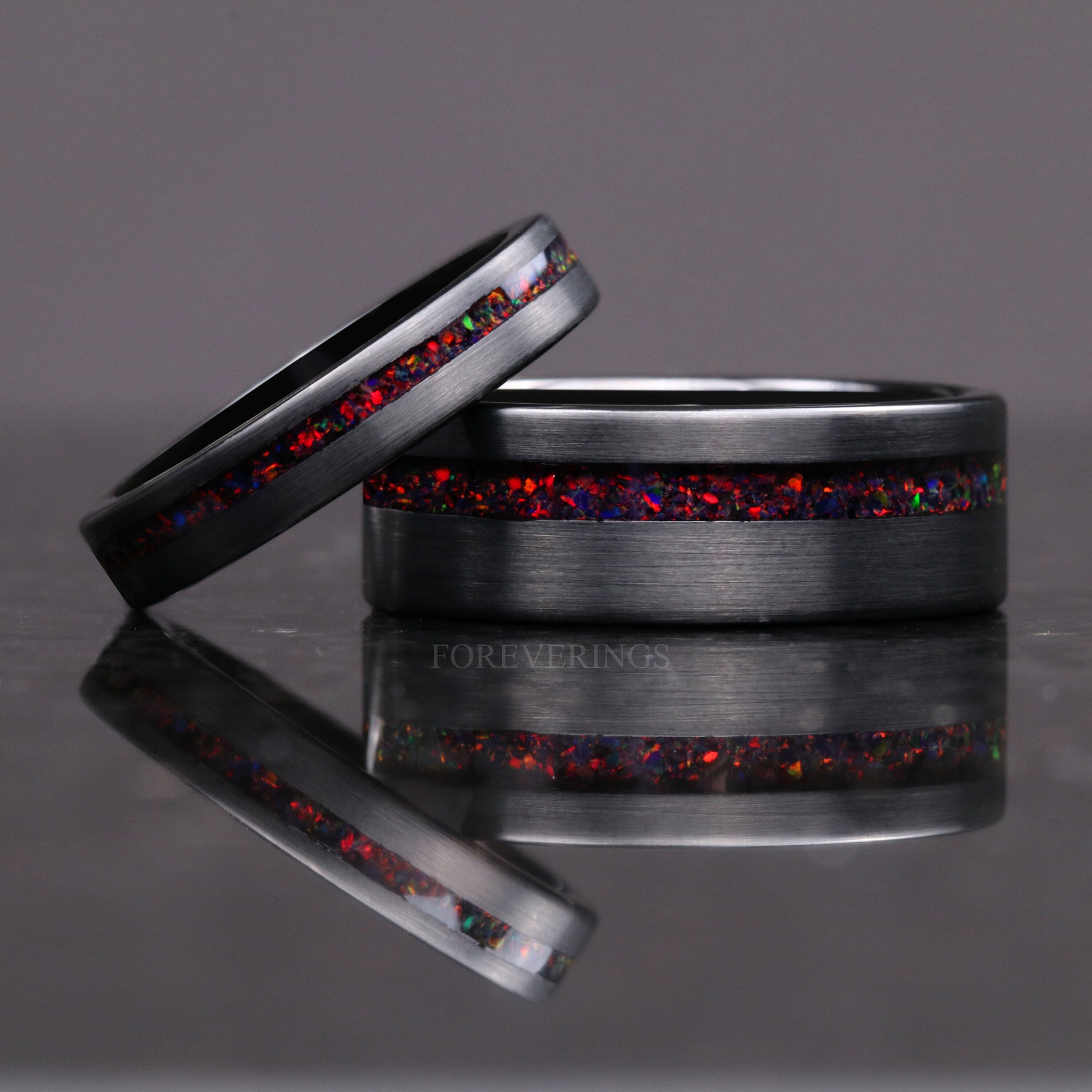 His and Hers Tungsten Wedding Band, Crushed Black Fire Opal Ring, 8mm & 4mm Black Ring Set, Couples Ring, Brushed, Flat, Smooth, Comfort Fit