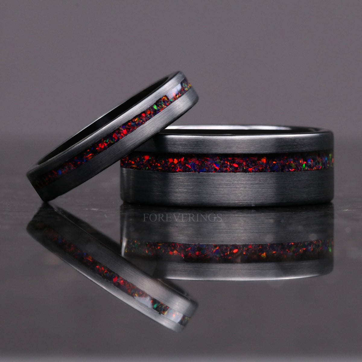 Mens Black Fire Opal Wedding Band | 8mm Black Tungsten Ring