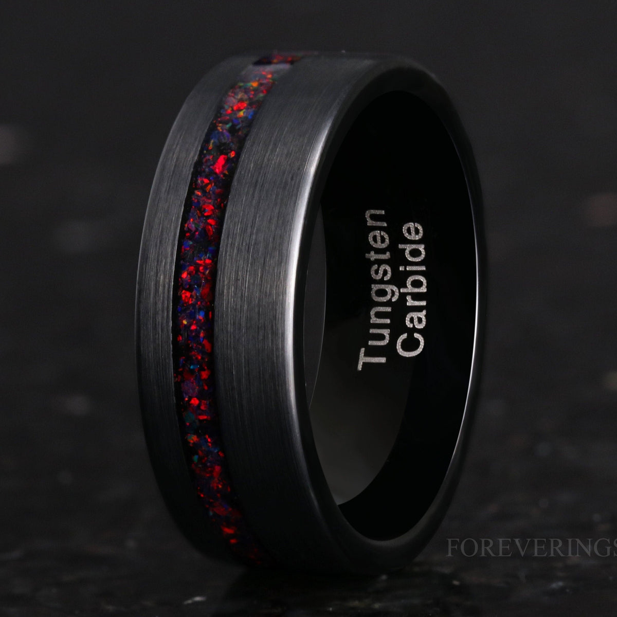 Mens Black Fire Opal Wedding Band | 8mm Black Tungsten Ring