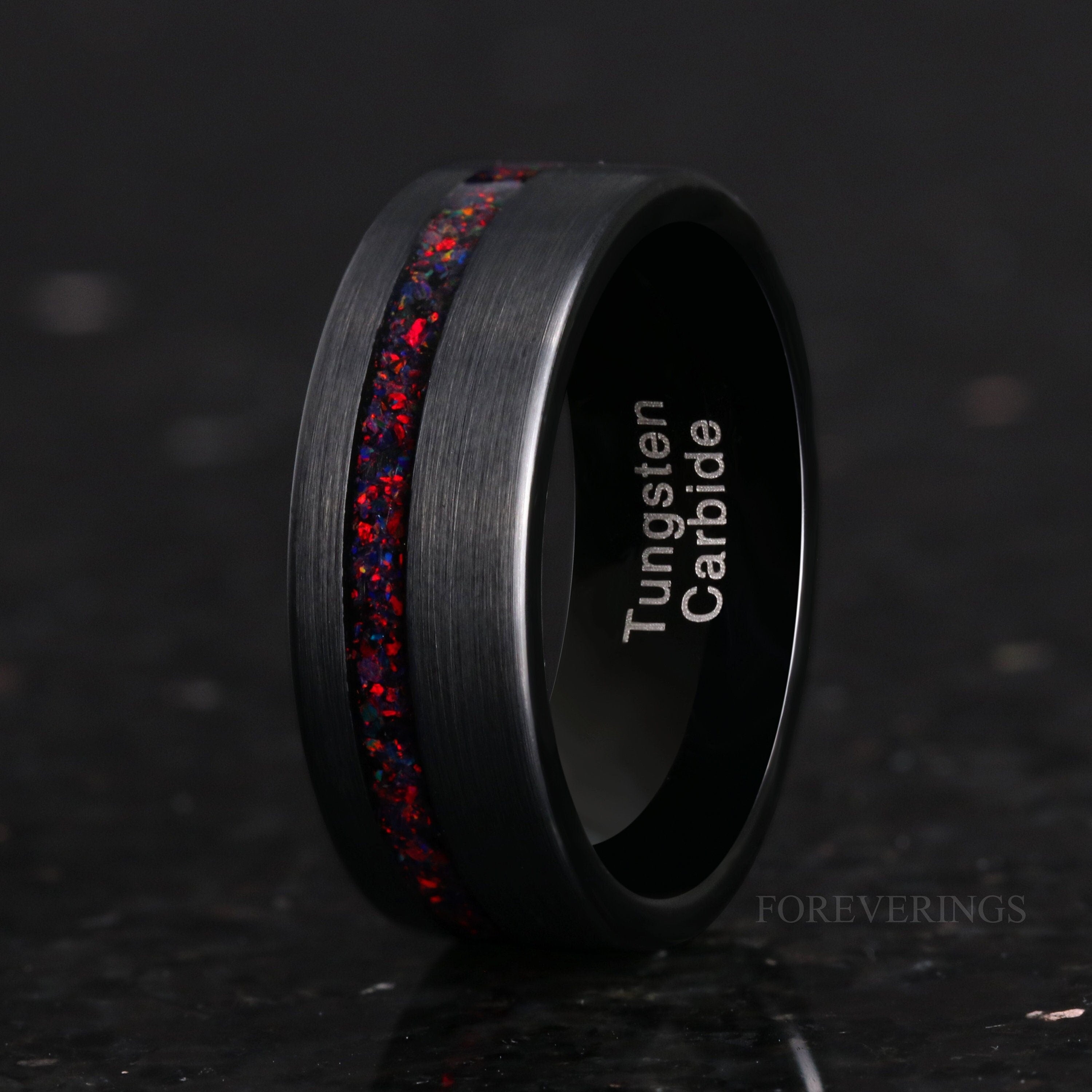 8mm Black Fire Opal Ring, Black Tungsten Ring, Men Wedding Band, Crushed Black Opal, Brushed Matte, Flat, Smooth, Comfort Fit, Unique Ring