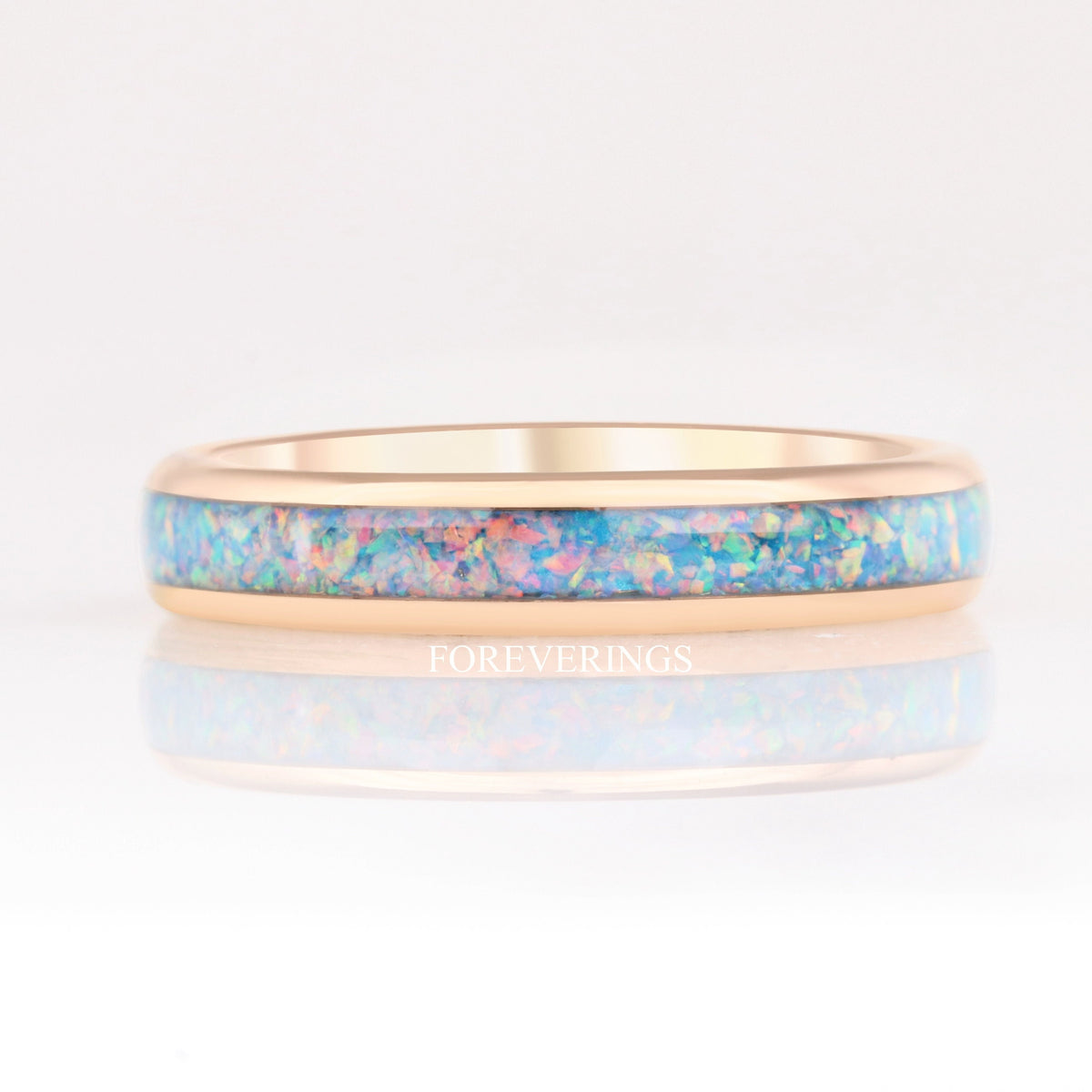 Rainbow Fire Opal Ring, Rose Gold Wedding Band, 4mm Rose Gold Tungsten, Polished, Dome, Men Women Ring, October Birthstone, Engrave