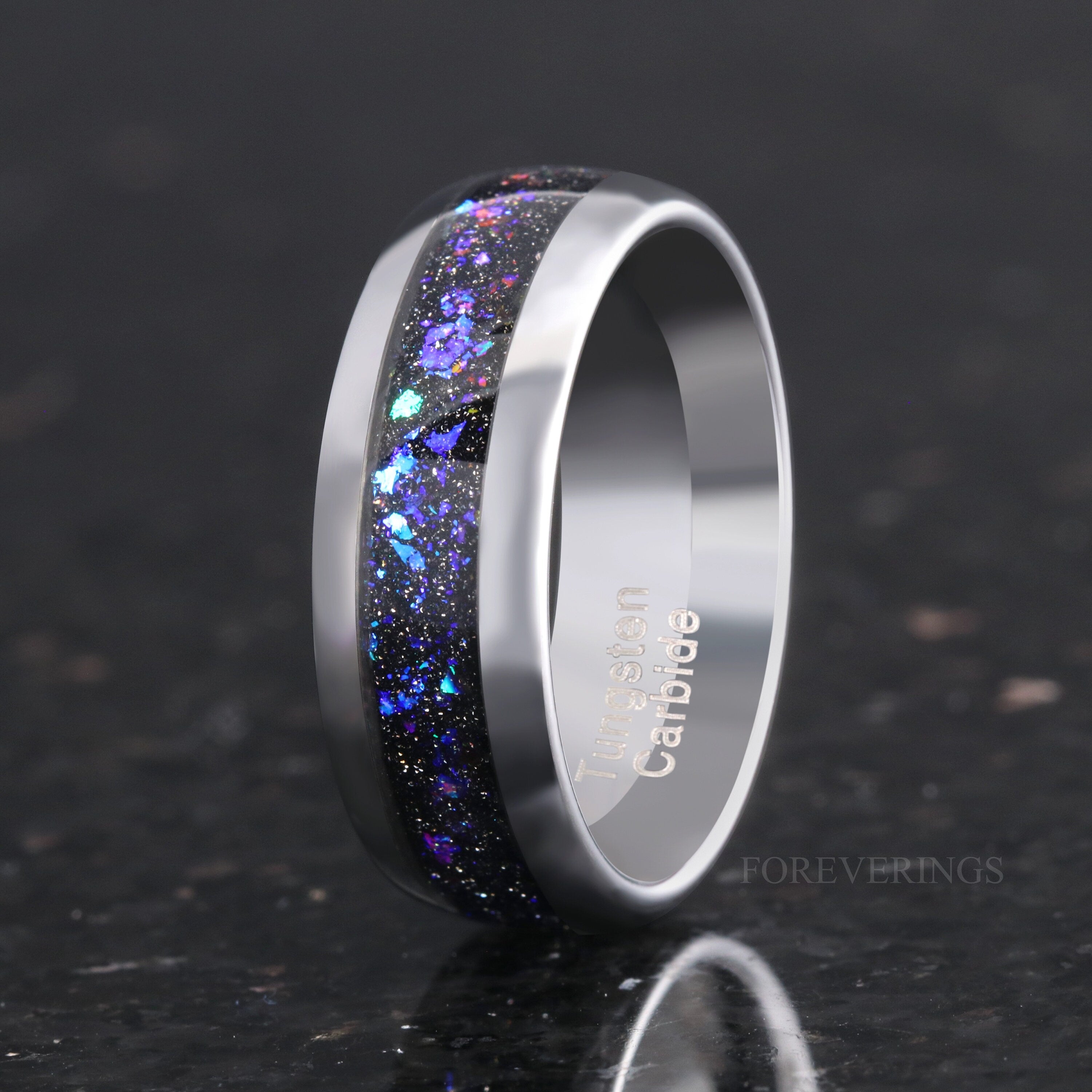 Orion Nebula Ring Set, His and Her Tungsten Wedding Band, 8mm & 4mm Silver Ring, Outer Space Couples Ring, Polish, Dome, Comfort Fit