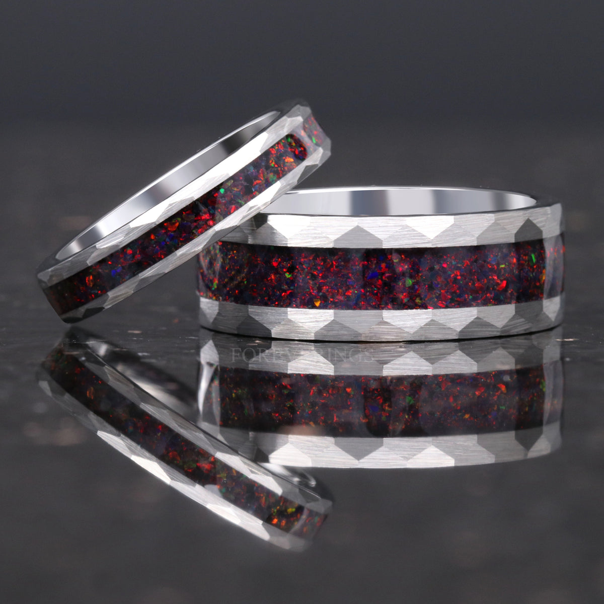 Black Fire Opal Hammered Tungsten Wedding Band | Men's 8mm Ring
