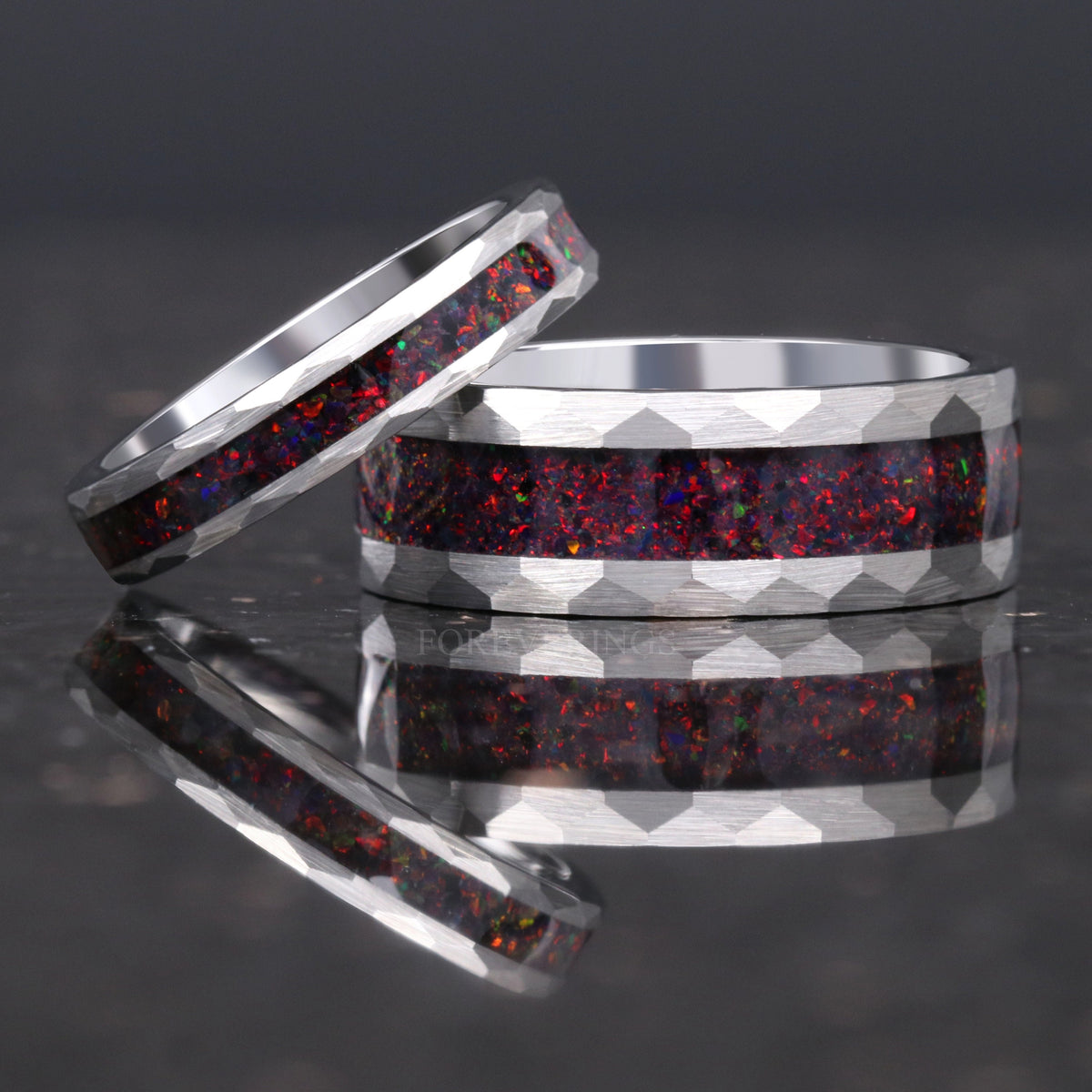 Crushed Black Fire Opal Silver Tungsten Ring | 4mm Hammered Wedding Band