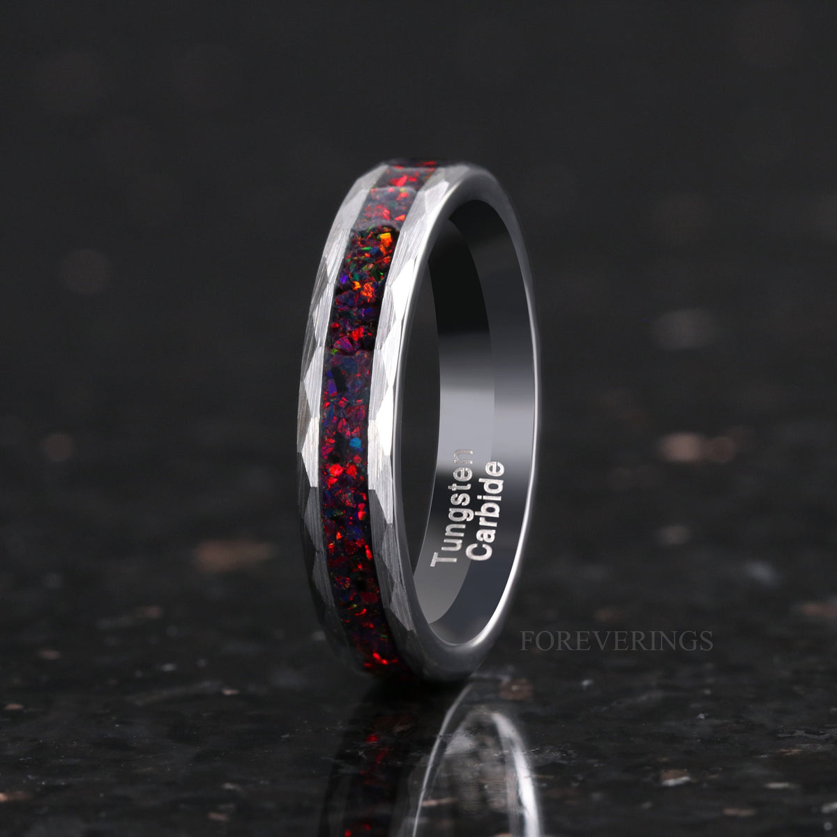 Crushed Black Fire Opal Silver Tungsten Ring | 4mm Hammered Wedding Band