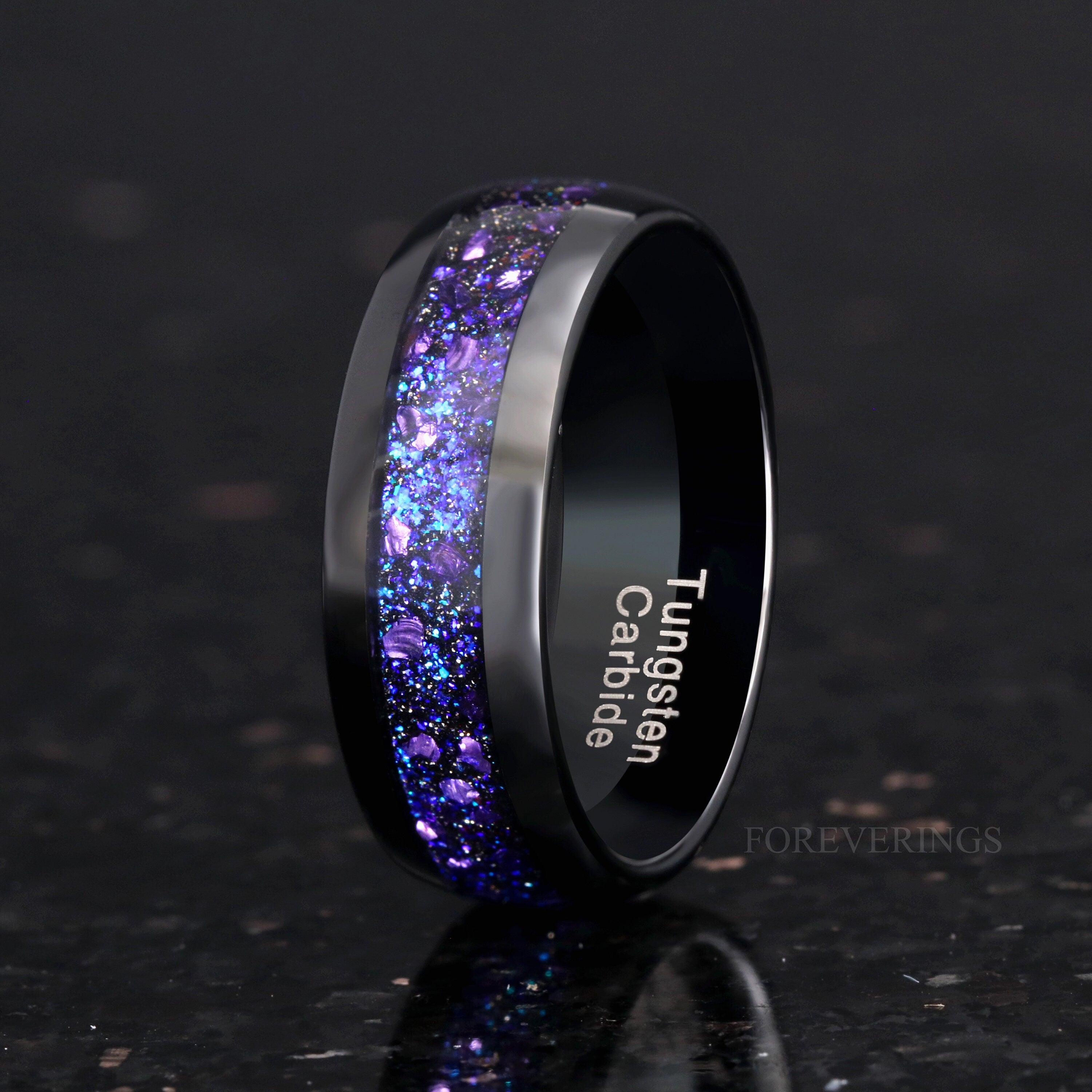 Crab Nebula Ring Set, His and Her Tungsten Wedding Band, 8mm & 4mm Black Ring Set, Alexandrite Outer Space Ring, Polish, Dome, Comfort Fit