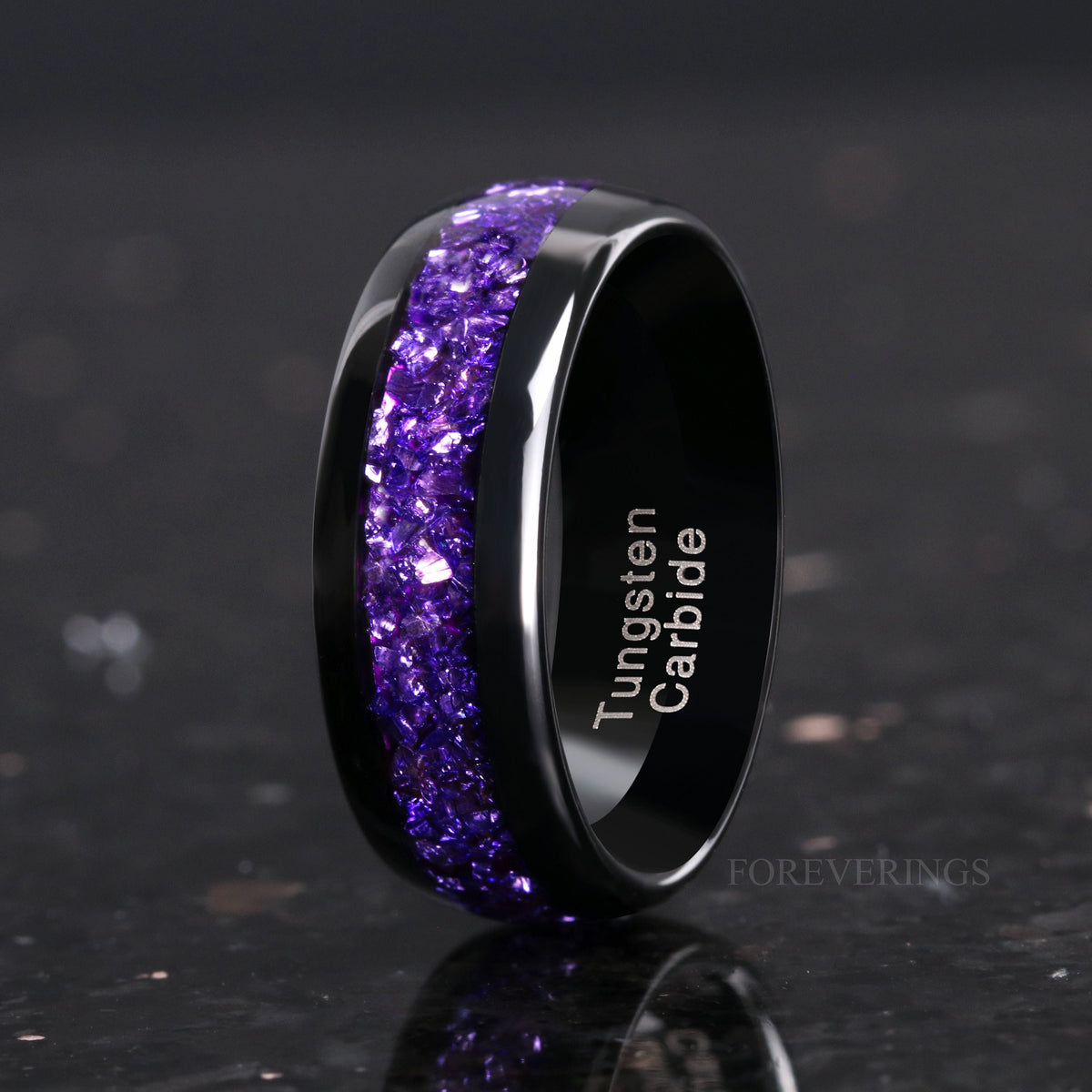 Amethyst Wedding Band, Men’s Purple Tungsten Ring, Black Dome Polish Comfort Fit, Unique Promise Ring, Birthday or Anniversary Gift for Him