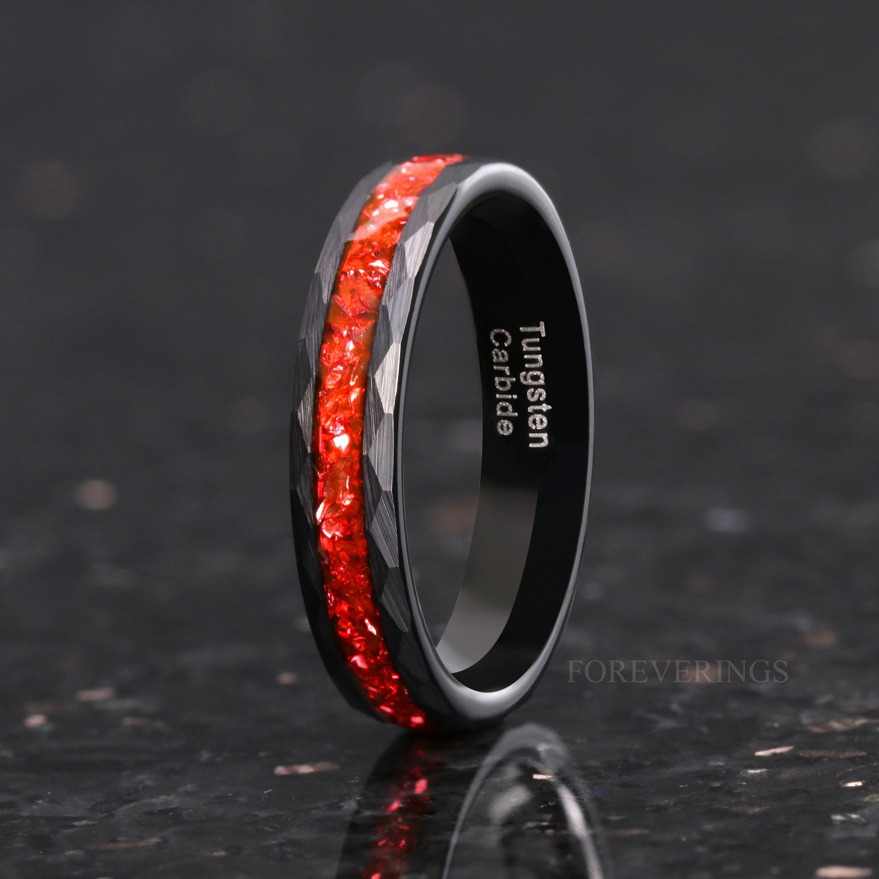 4mm Tungsten Wedding Band, Crushed Red German Glass Stones, Black Ring, Women Men Ring, Hammered, Flat, Polish, Comfort Fit