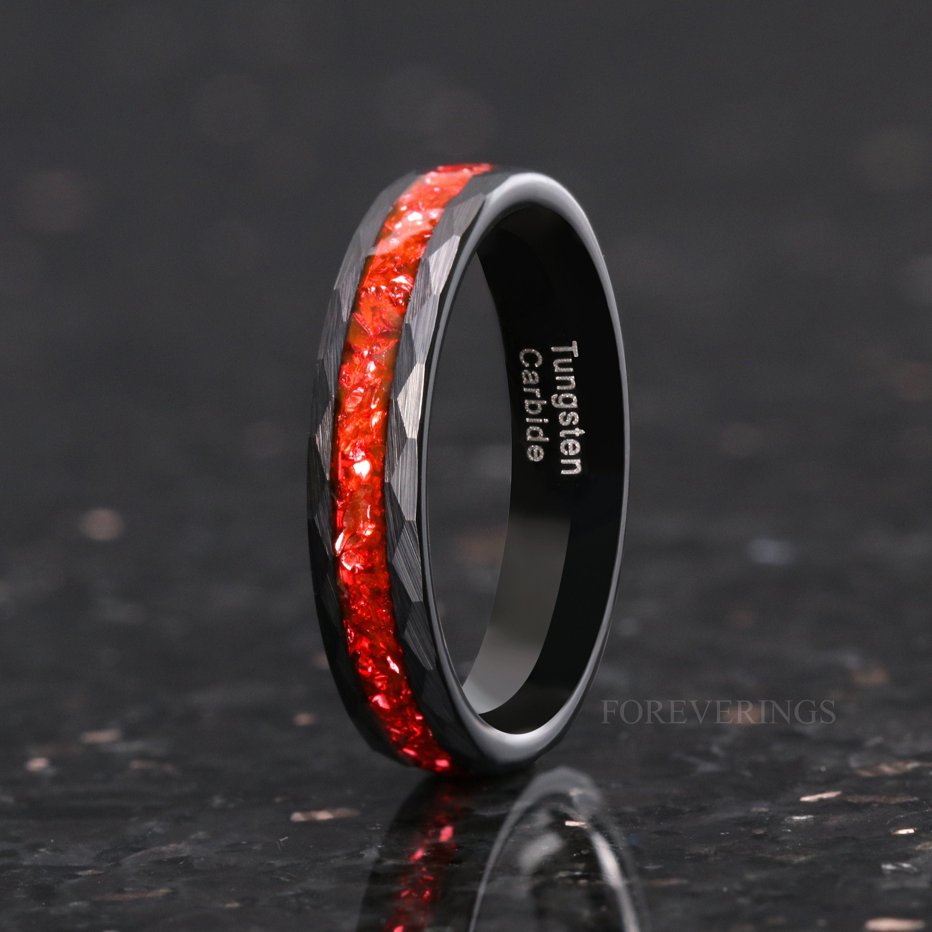 His and Hers Ruby Hammered Tungsten Wedding Band, 8mm & 4mm Black Tungsten Ring Set, Red German Glass Stones, Flat, Brushed, Ring Engraving