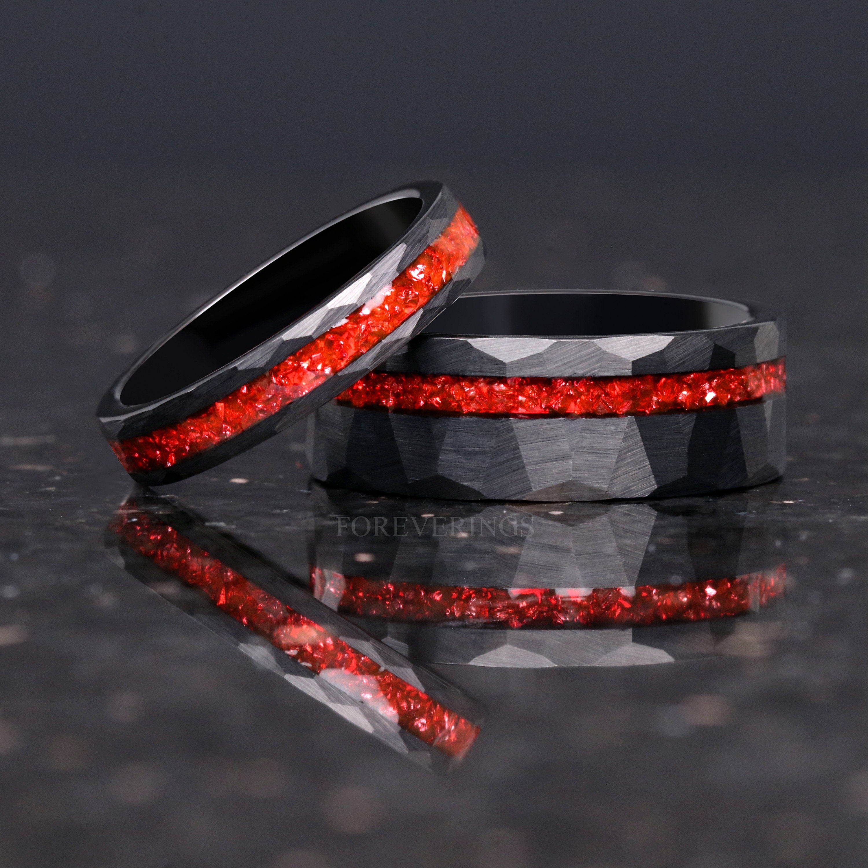 His and Hers Ruby Hammered Tungsten Wedding Band, 8mm & 4mm Black Tungsten Ring Set, Red German Glass Stones, Flat, Brushed, Ring Engraving