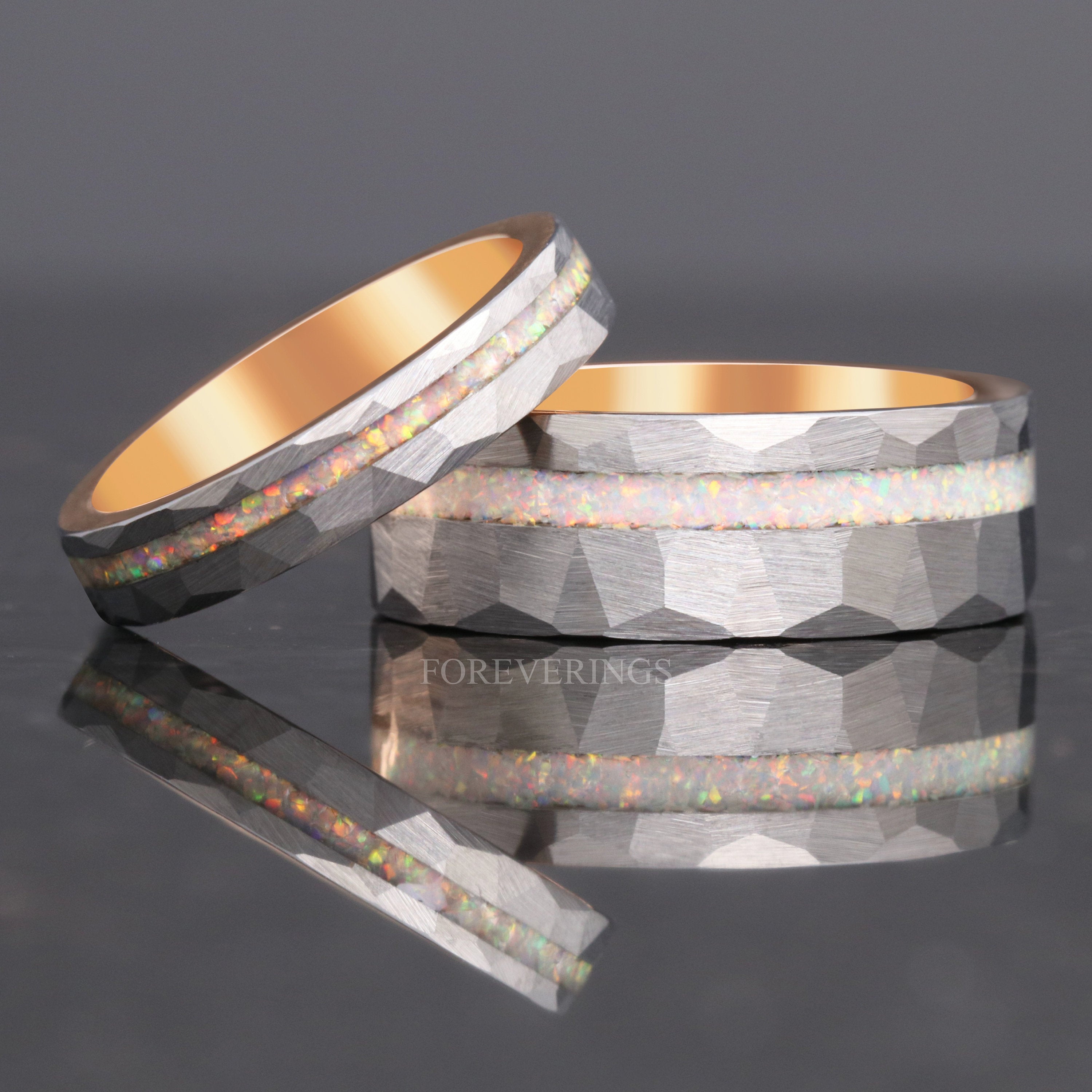 Crushed White Fire Opal Ring, 4mm Tungsten Wedding Band, Two-Tone Silver-Rose Gold Ring, Brushed, Hammered, Comfort Fit, Unique Ring