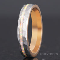 White Fire Opal Tungsten Ring | Rose Gold Two-Tone Wedding Band