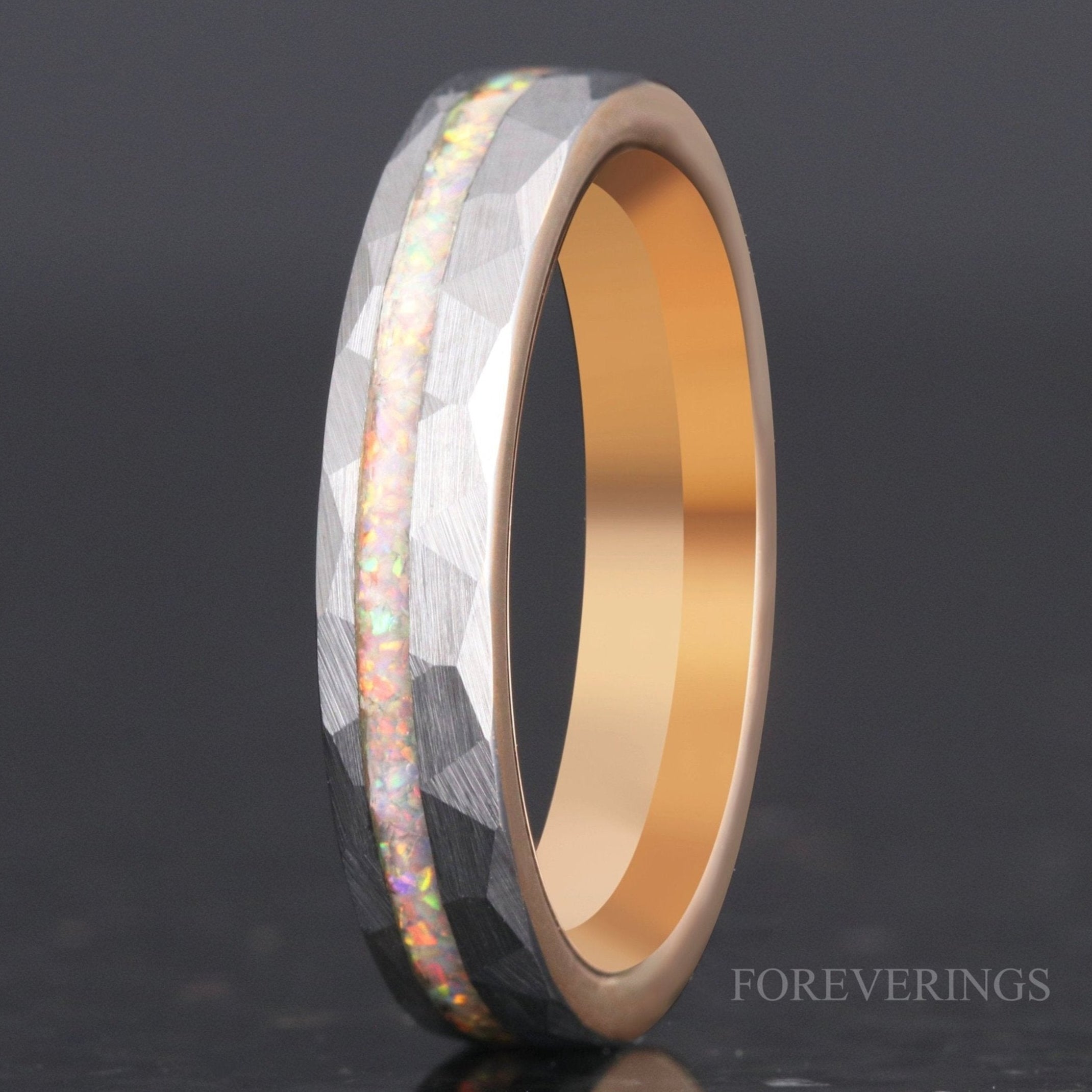Crushed White Fire Opal Ring, 4mm Tungsten Wedding Band, Two-Tone Silver-Rose Gold Ring, Brushed, Hammered, Comfort Fit, Unique Ring