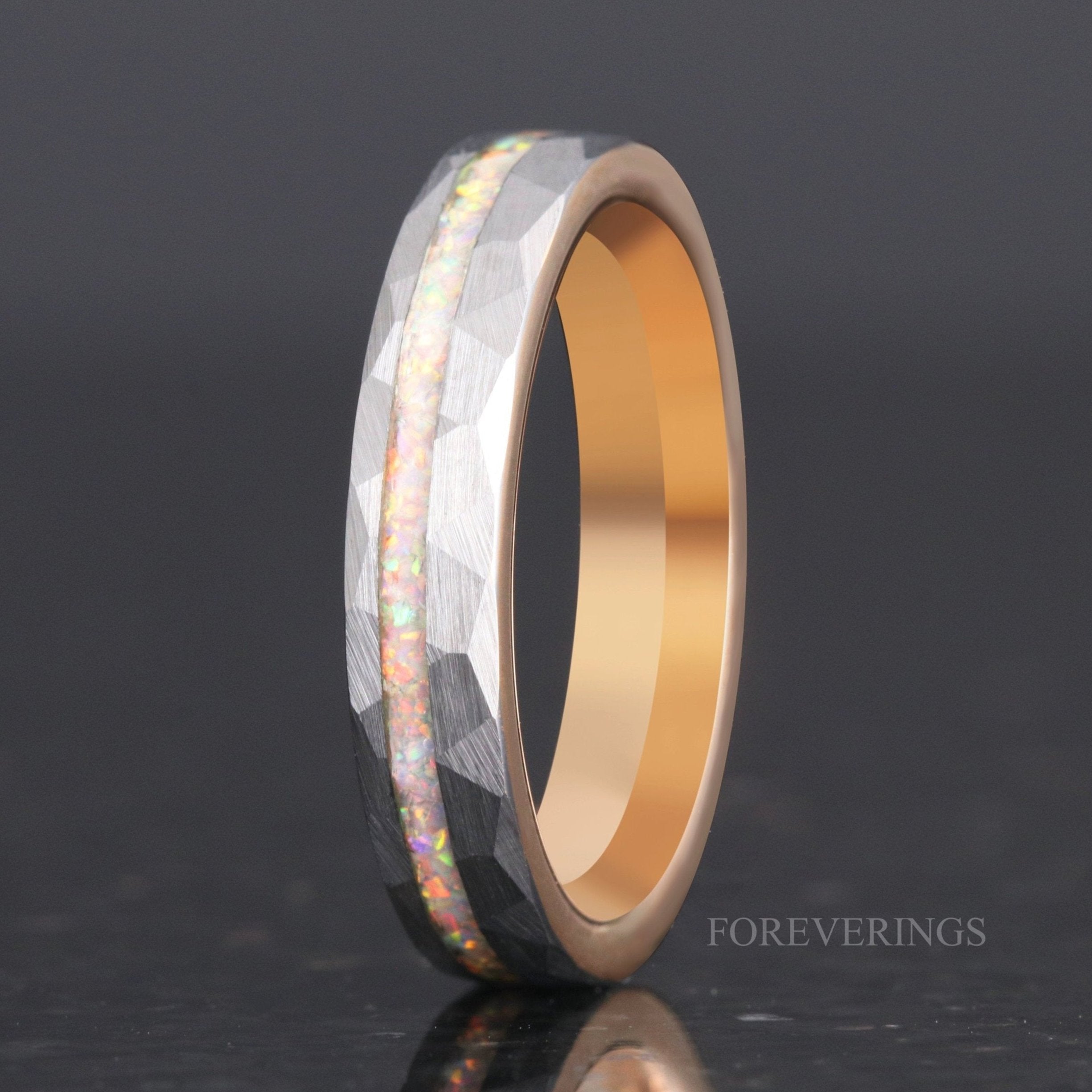 Crushed White Fire Opal Ring, 4mm Tungsten Wedding Band, Two-Tone Silver-Rose Gold Ring, Brushed, Hammered, Comfort Fit, Unique Ring