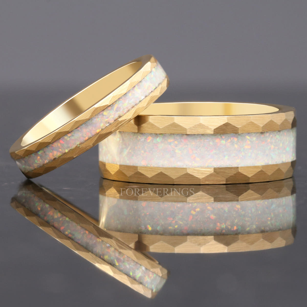Matching hammered gold tungsten couples ring set with white fire opal inlay, 8mm and 4mm