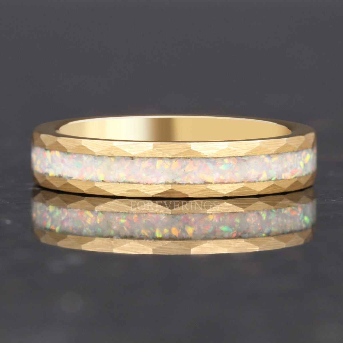Crushed White Opal Yellow Gold Tungsten Ring | Hammered Wedding Band